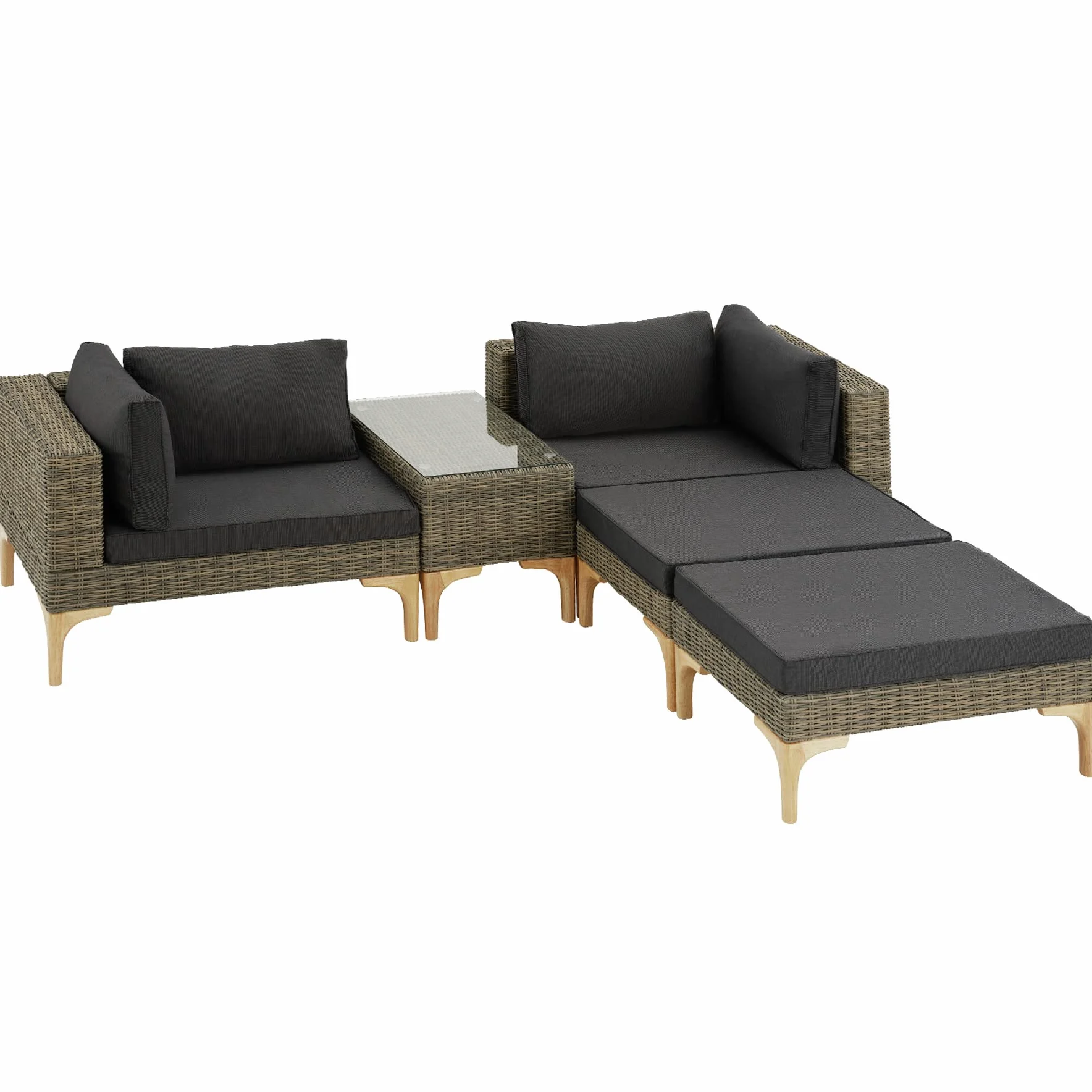 TecTake® Conjunto Jardín en Ratán y Aluminio con Cojines, Conjunto Terraza Resistente a la Intemperie, Muebles Jardín Exterior 2 Sillones, 2 Taburetes, 1 Mesa con Cristal, Fundas Extraíbles - Natural
