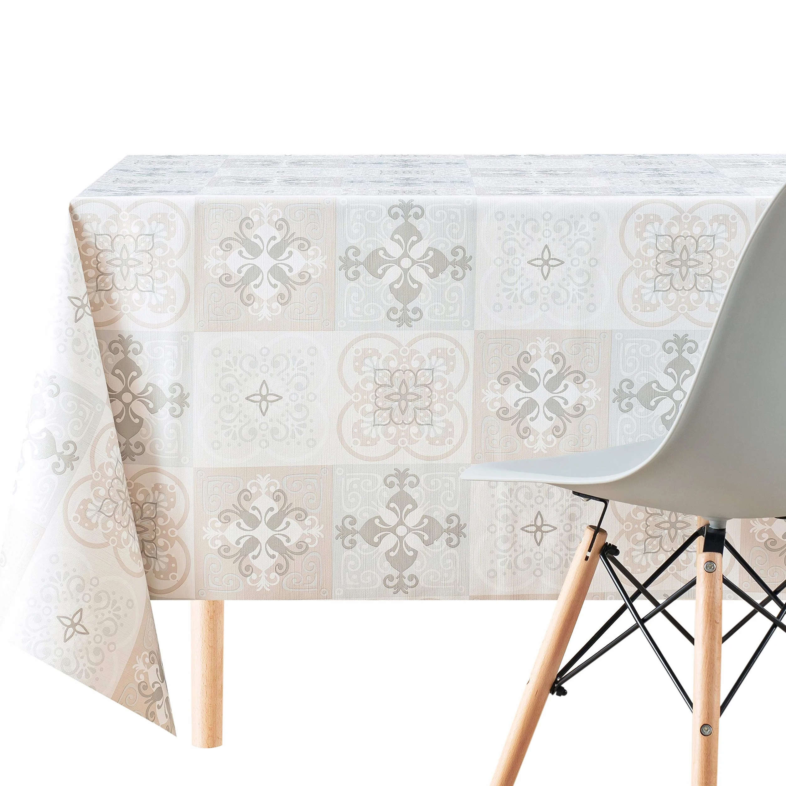 KP HOME Mantel Hule Mesa Rectangular 200x140, Fácil de Limpiar, Marroquí Mantel PVC, Exterior e Interior, Vinilo Impermeable Antimanchas, Patrón de Azulejos Estilo Mediterráneo, Beige y Gris
