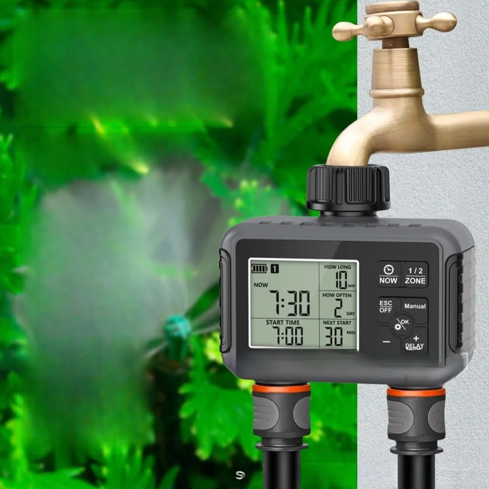 Temporizador de agua programable para grifo de jardín con configuración de entrada y salida de zonas duales independientes y capacidad de anulación manual