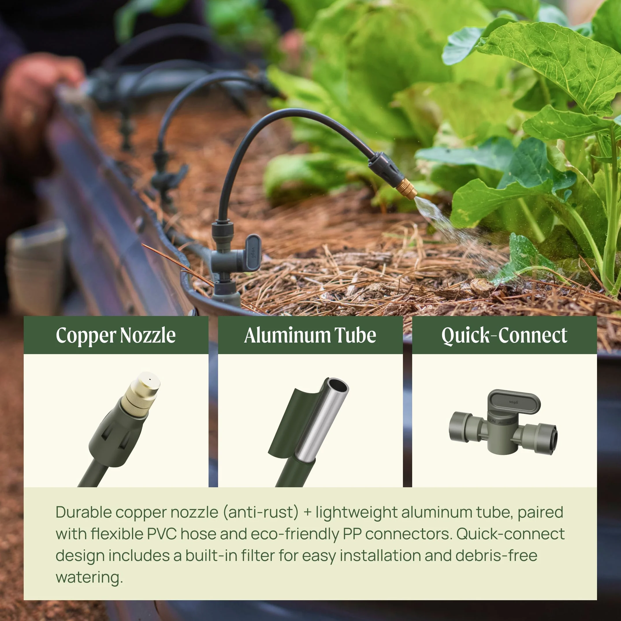 Vego Kit de riego de jardín: sistema de riego por goteo para camas de jardín elevadas, solución de riego eficiente para verduras, flores y plantas, fácil instalación de bricolaje