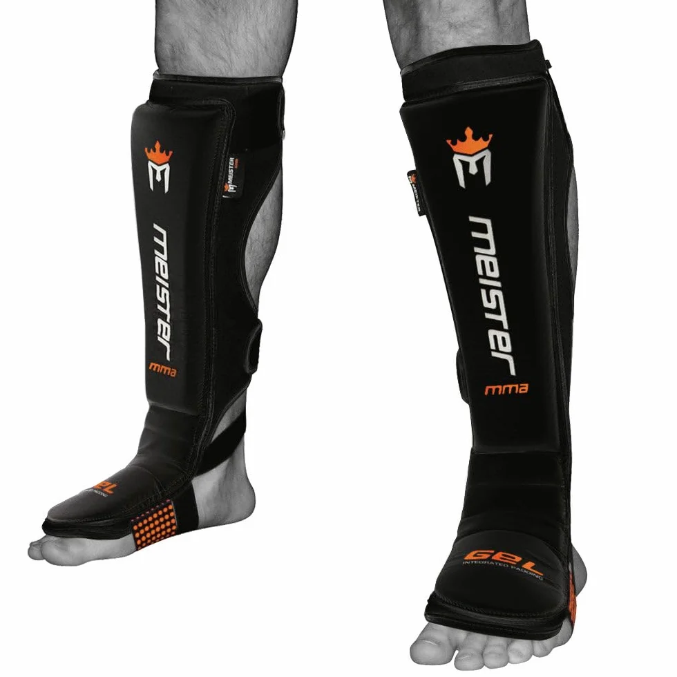 Meister MMA Edge Espinilleras de cuero con acolchado de gel negro pequeño/mediano