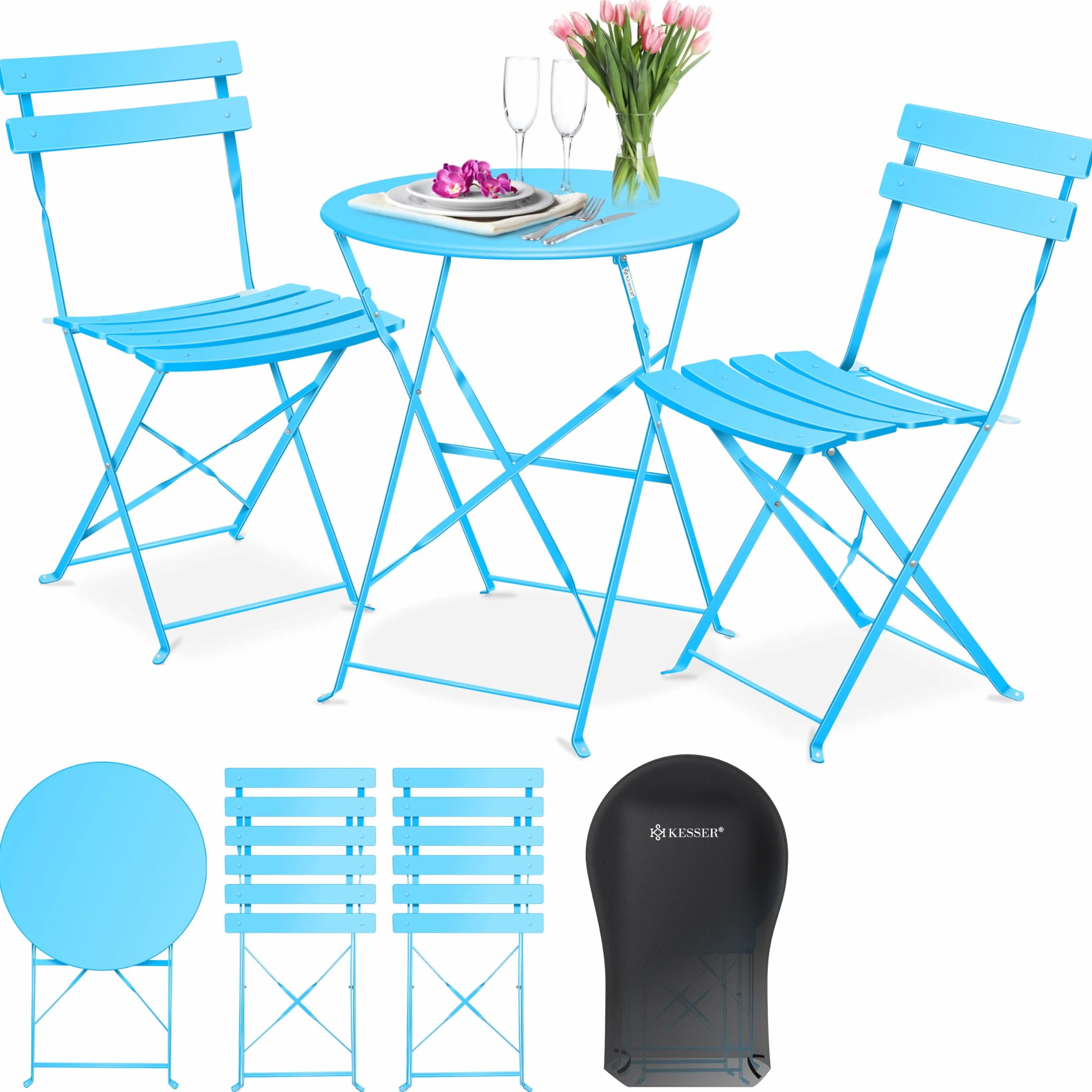 KESSER® Juego de Muebles de Jardín de 3 Piezas con 2 Sillas Plegables, Juego de Muebles de Balcón, Mesa de Metal