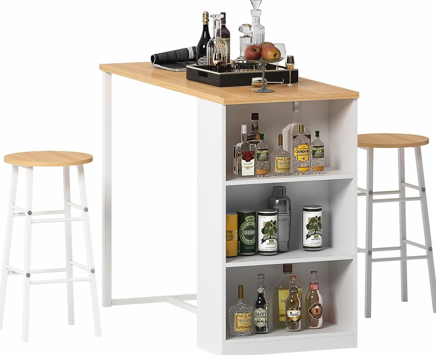 soges Juego de bar con mesa de bar y 2 taburetes altos, 91 x 49,5 x 91 cm, mesa de comedor, mesa de restaurante, mesa de pub con estante de almacenamiento de 3 niveles.