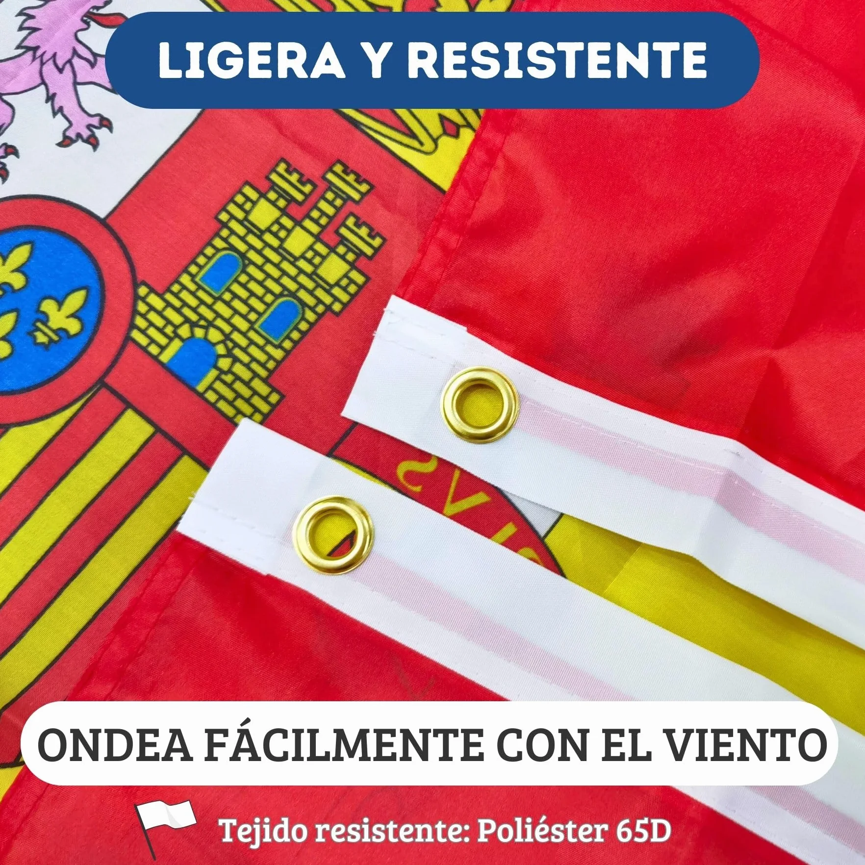 Bandera de España Grande 150x90cm, con 2 Ojales Metálicos | Bandera España con Escudo para Exterior e Interior de Poliéster Resistente y Colores Vivos.