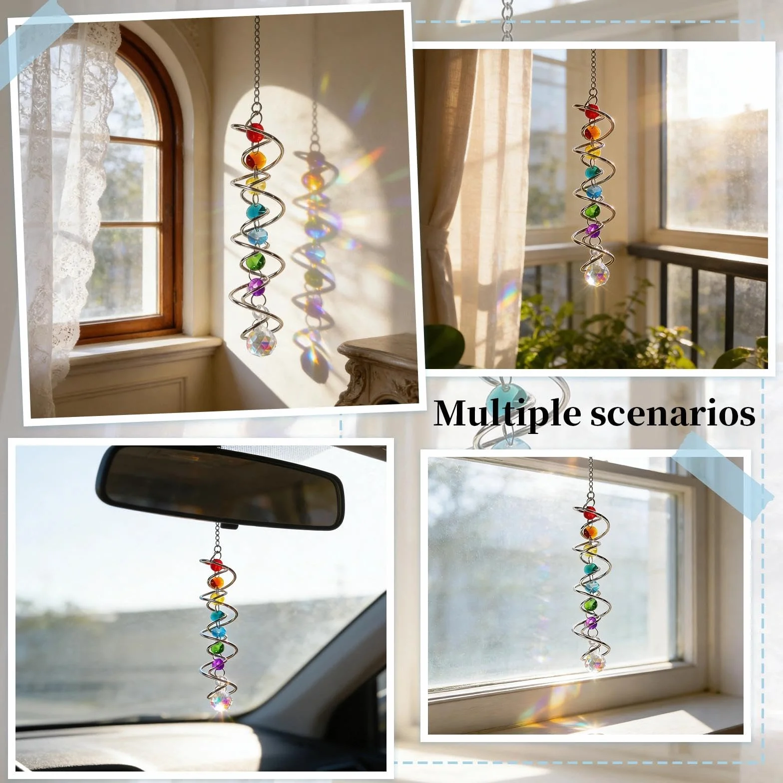 Atrapasoles Cristal con Doble Espiral, Atrapasol Suncatcher Colgante Campana de Viento Decorativa con Siete Perlas de Chakra y Bola de Cristal para Ventana Jardín Boda 45 CM