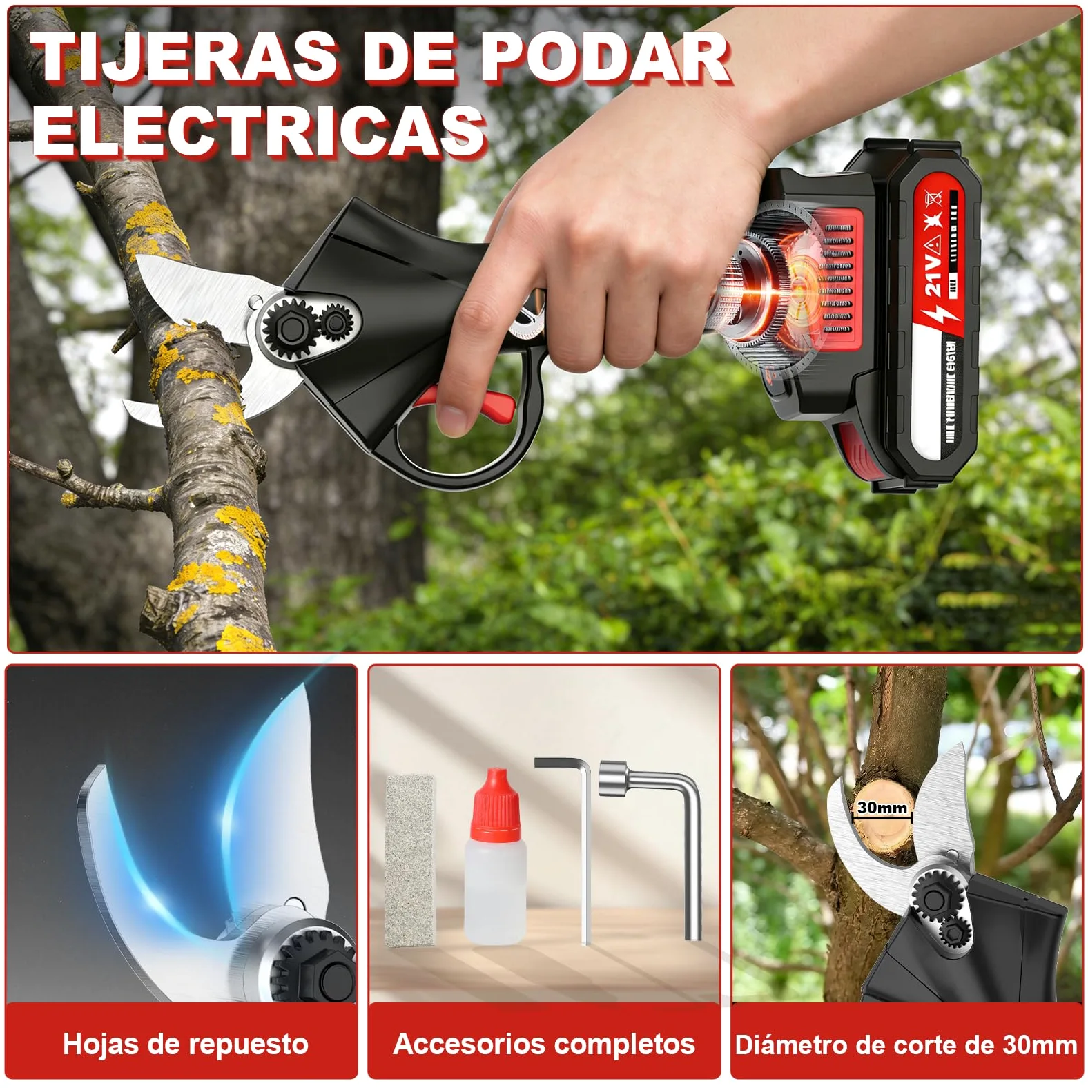 Tijeras de Podar Electricas 30mm Bateria 21V 2x2.0Ah Motor sin Escobillas 0.9kg