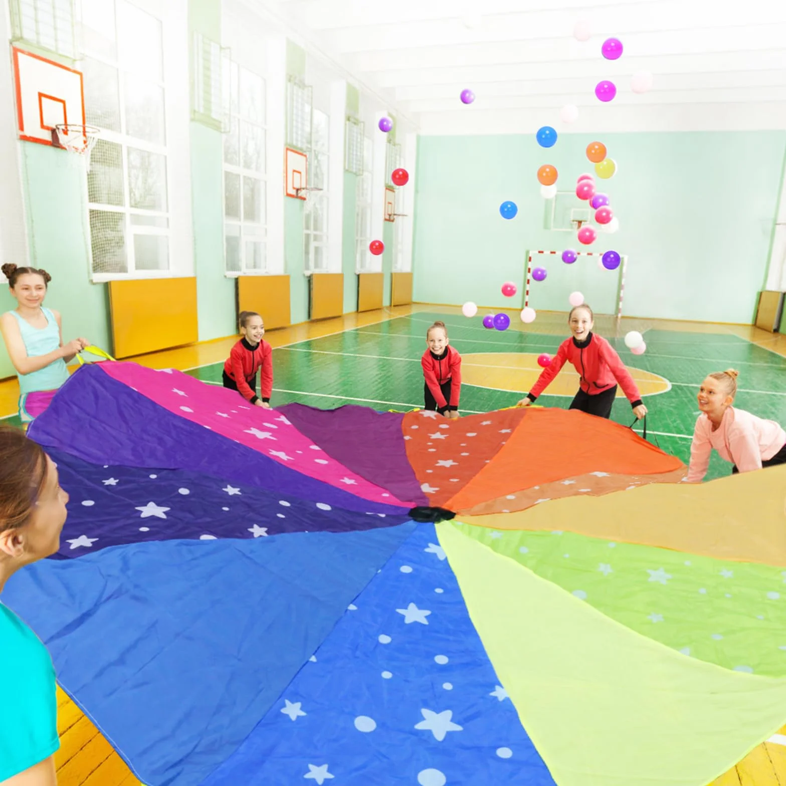 Paracaídas Arcoíris 2.4m con 12 Asas y 12 Bolas para Niños Juego Infantil Actividad Deportiva