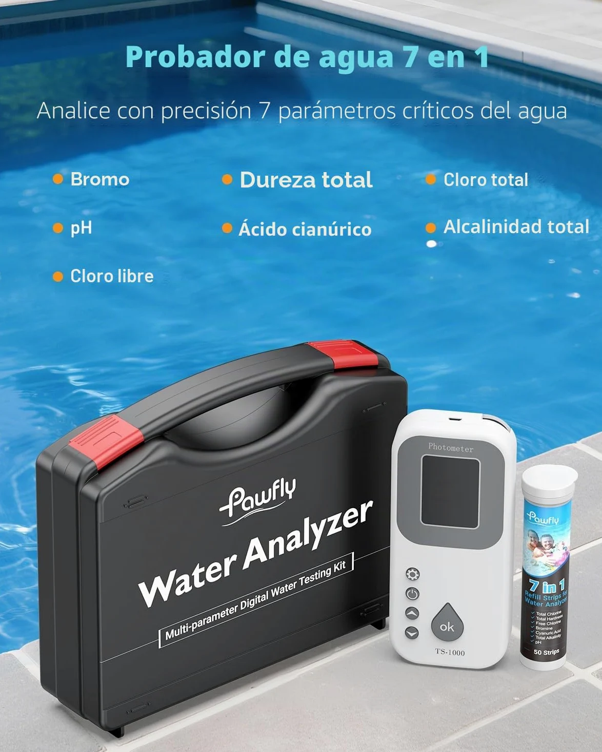 Pawfly Kit Digital de Análisis de Agua 7 en 1, 50 Tiras para Spa, Analizador Digital para Piscinas pH Dureza Total Cloro Total Cloro Libre Alcalinidad Total Ácido Cianúrico y Bromo