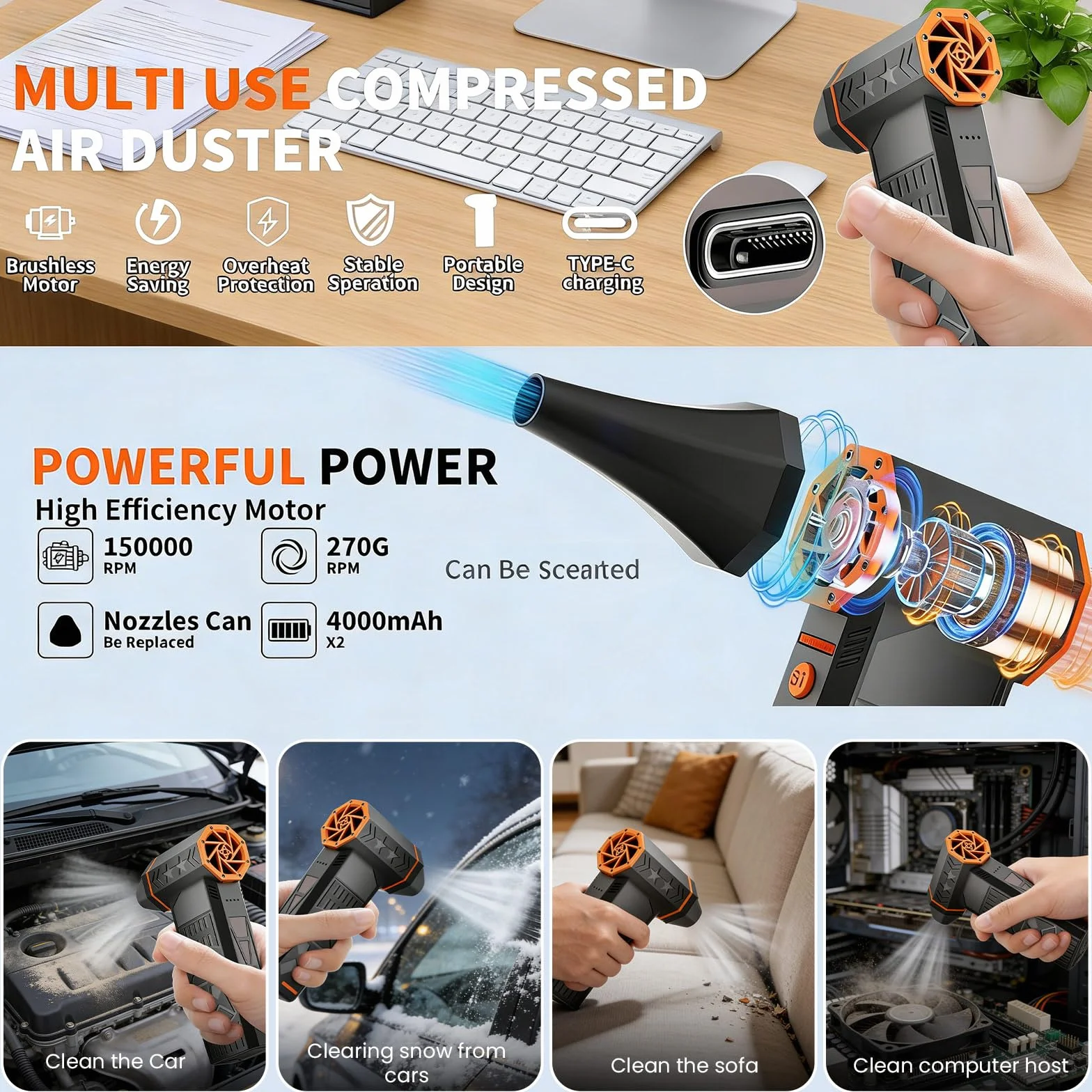 Soplador de nieve, 120 W, 150.000 rpm, quitanieves térmico de alto rendimiento, engranaje sin niveles, ventilador turbo, quitanieves coche, plumero de aire comprimido con batería de 8000 mAh para