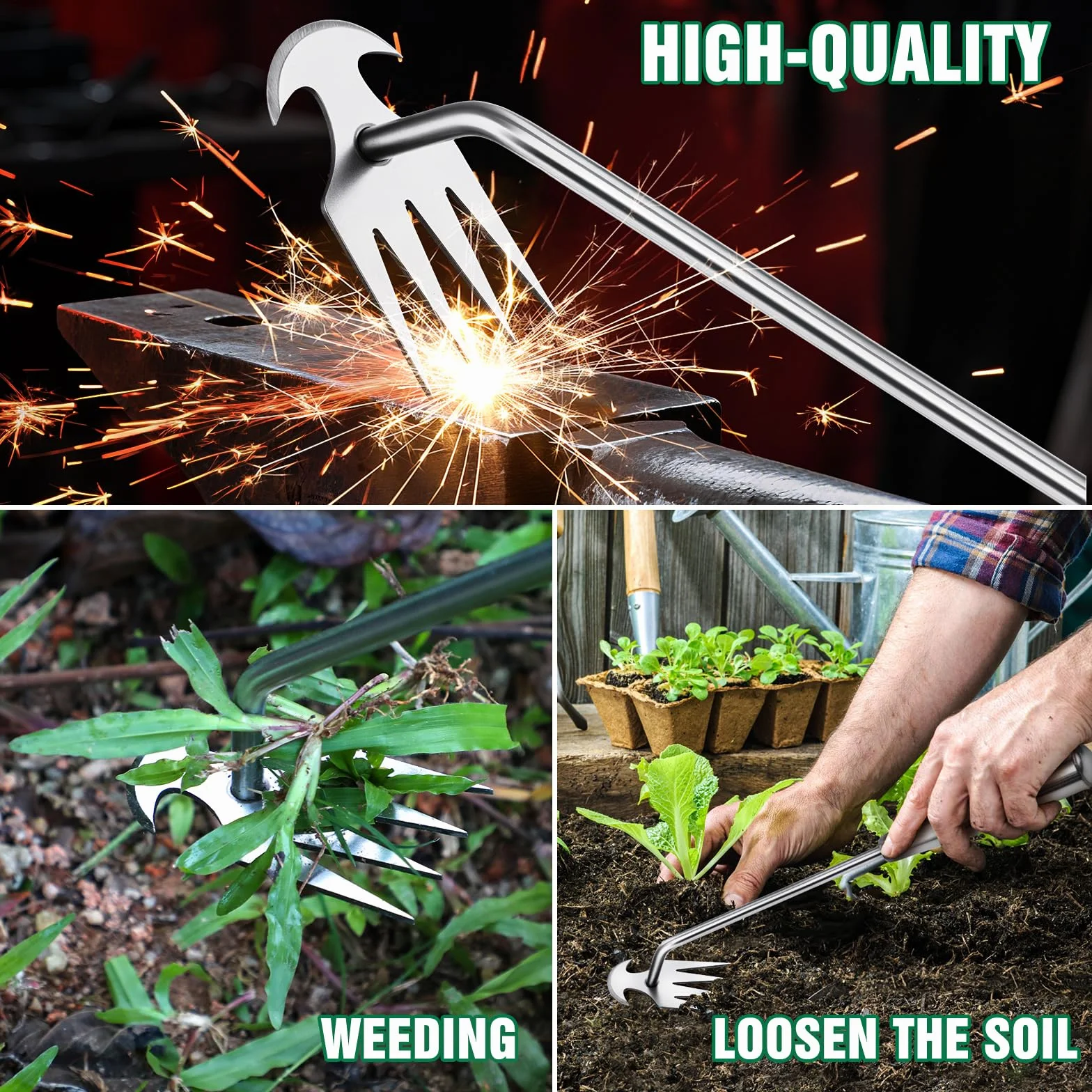 Hand Weeder Tool, Stainless Steel Handle Manual Weeder Tool, Pull Up Weeder Tool, Weed Discharge Tool, 4-Tooth Weeder Tool, Weeder Tool for Gardening 16inch