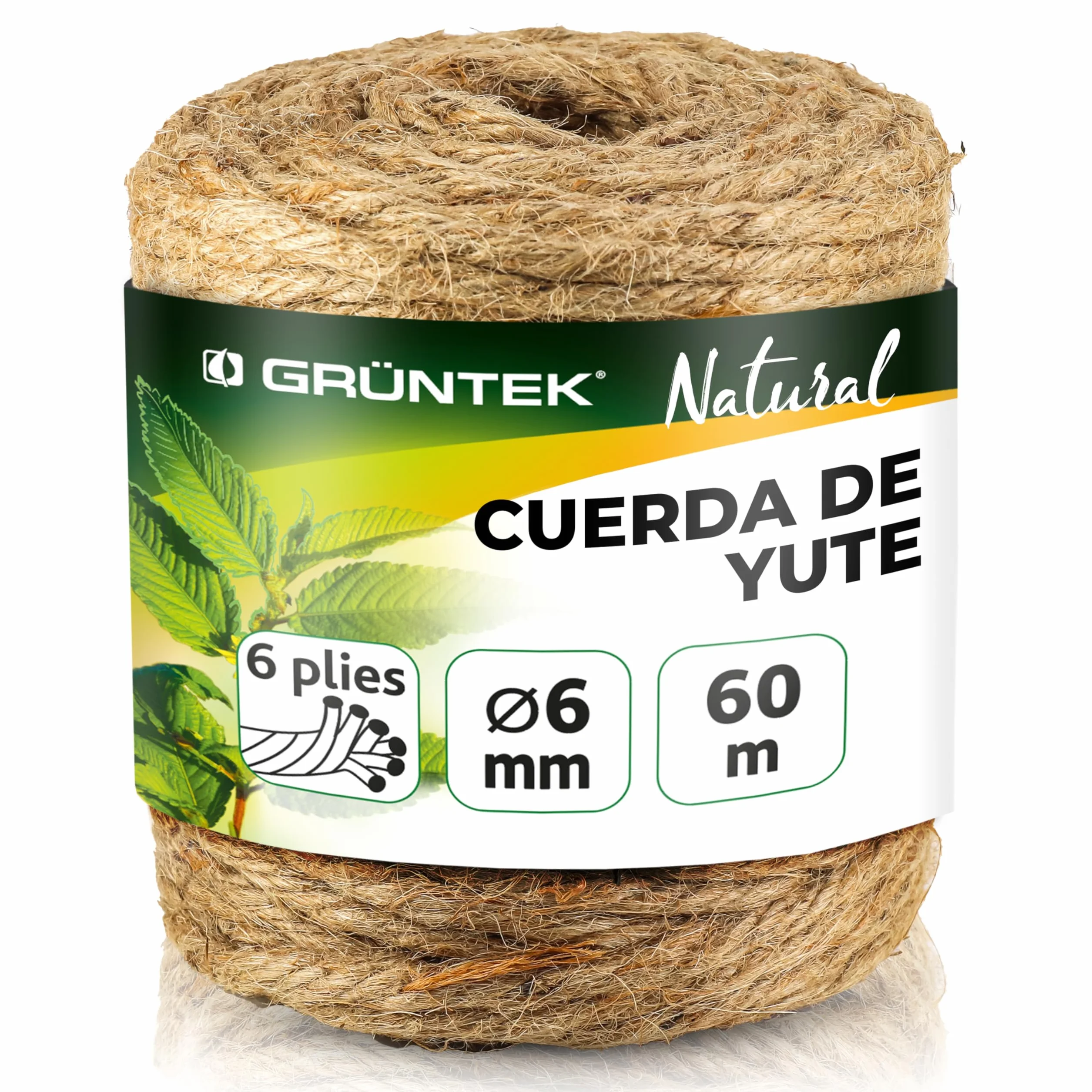GRÜNTEK Cuerda de Yute Natural 6mm Cordel Sisal Rascador para Gatos 6mm x 1 Rollo 60 M - Cuerda Manualidades Hilo macramé para jardinería decoración Tarjetas de Regalo