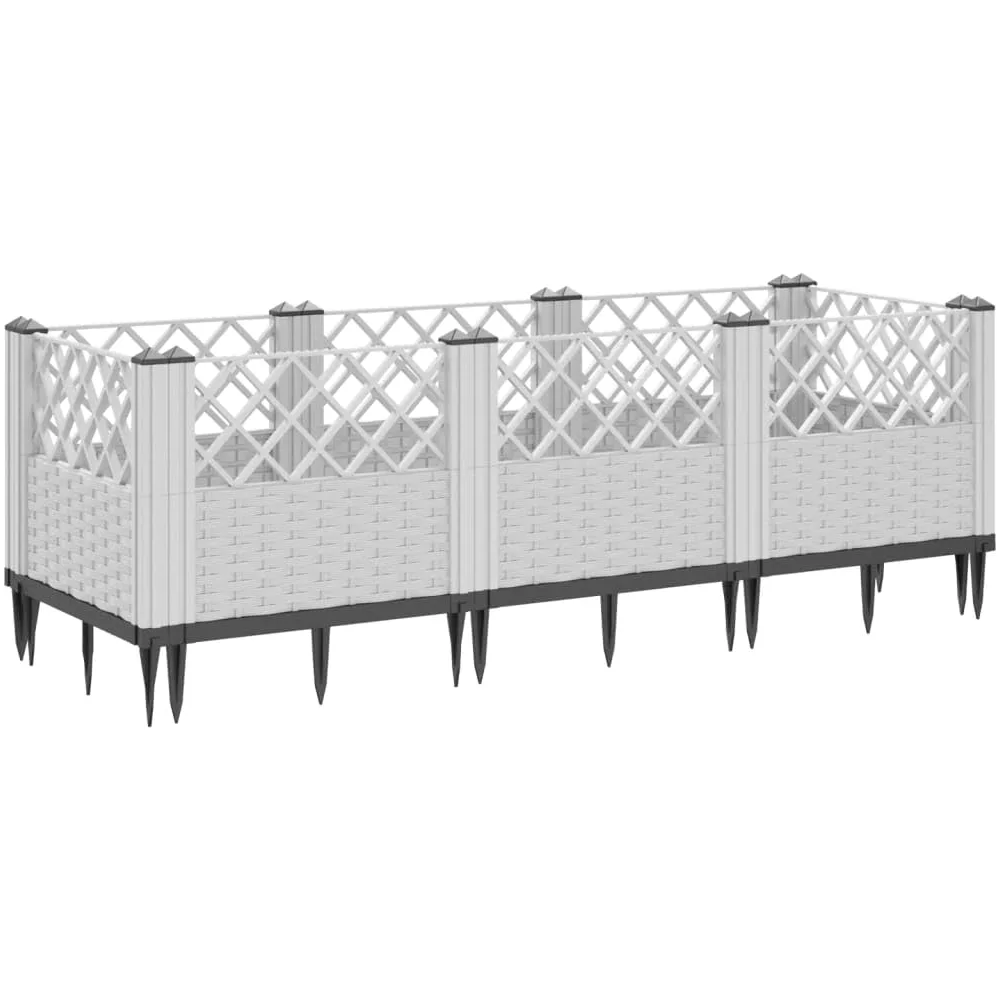 Jardinera con estacas, color blanco, 123,5 x 43,5 x 43,5 cm, bancal modular en aspecto de ratán, de plástico resistente, para jardín, terraza y balcón, 8 elementos