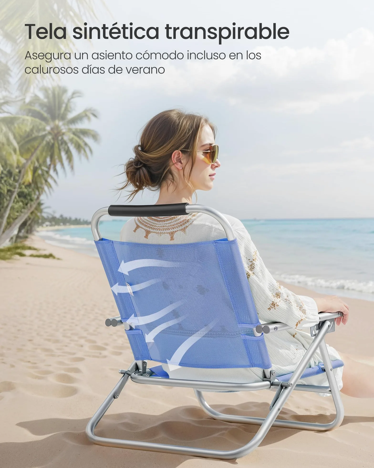SONGMICS Silla de Playa, Plegable, Portátil, Respaldo Ajustable en 4 Niveles, con Reposabrazos, Transpirable y Cómoda, Taburete de Exterior, Azul GCB65BU