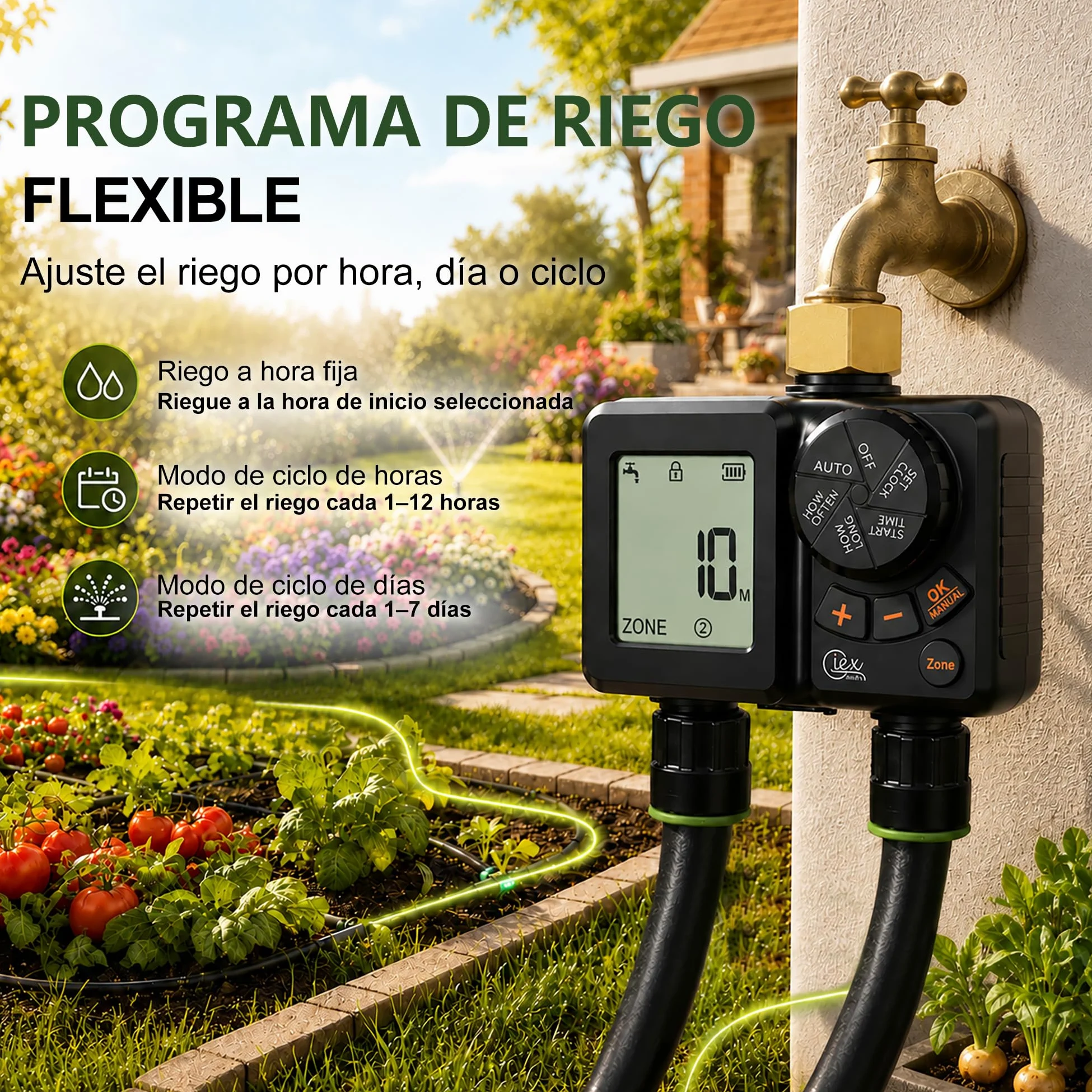 GIEX - Ordenador de riego de 2 vías, temporizador de riego recargable, 2 zonas con conexión de latón, temporizador de agua programable con IP66, retardo de lluvia y riego manual para jardín, césped