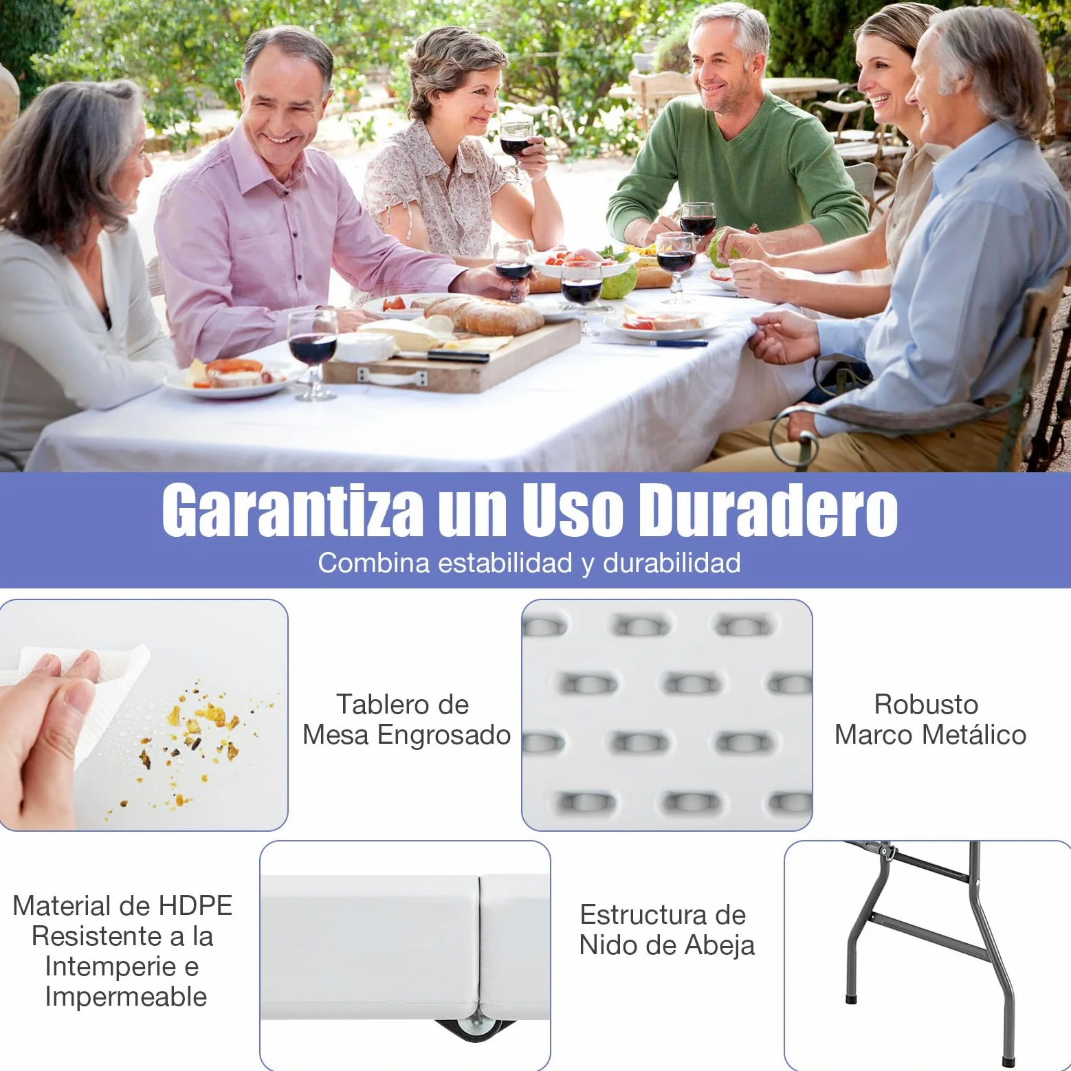 GYMAX Mesa Rectangular Plegable, Mesa de Comedor Exterior e Interior de HDPE, con Patas de Metal, Almohadillas Antideslizantes, para Camping, Picnic, Jardín, Playa, 180 x 75 x 73,5 cm, Blanco