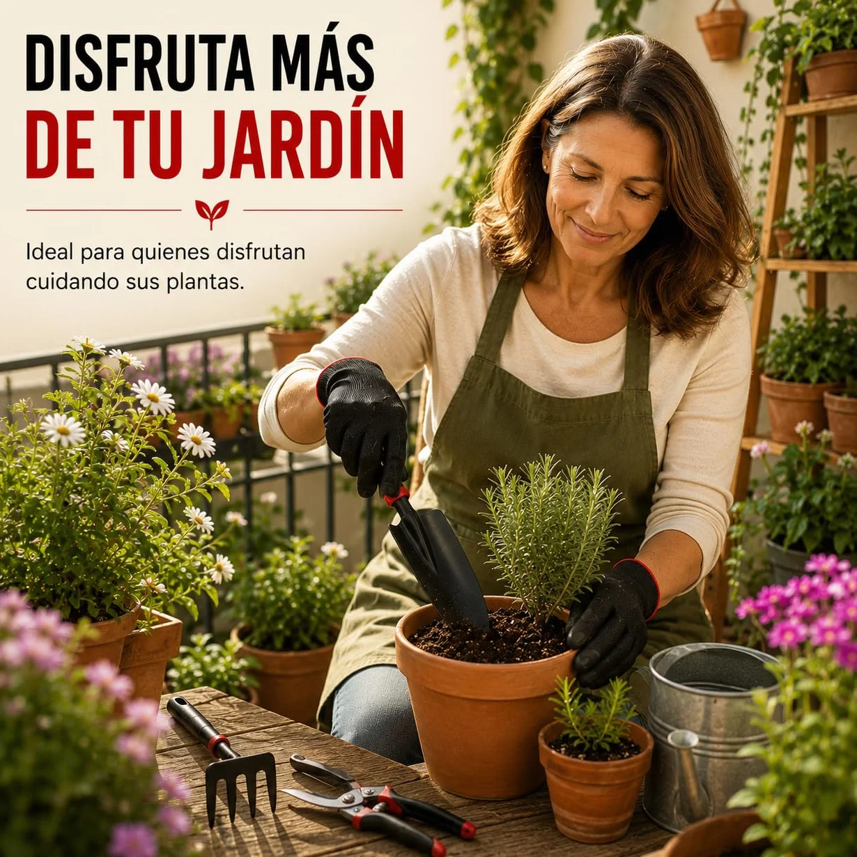 Kit 5 Herramientas de Jardinería de Metal Que Incluye Tijeras de Podar, Pala Trasplantadora, Rastrillo, Azada Doble y Guantes | Kit jardineria para Jardín, Huerto Urbano y Terraza (Rojo/Negro)