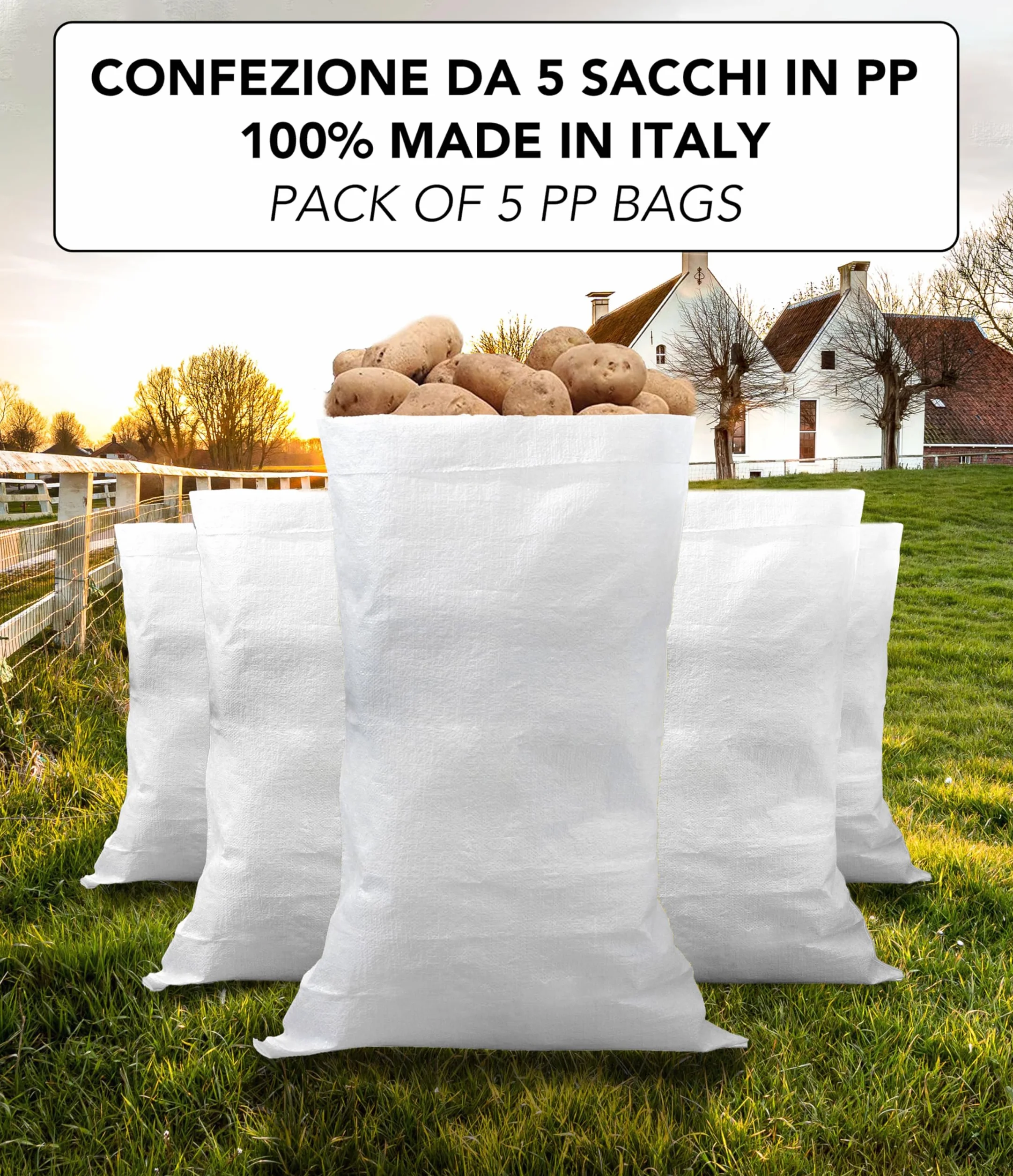 IPEA 5x Bolsas Grandes de Polipropileno 105 x 55 cm - Bolsa Multiusos para Embalaje, Jardín, Verduras, Arena, Escombros, Bricolaje - Contenedor de Objetos - Blanco - 5 Piezas