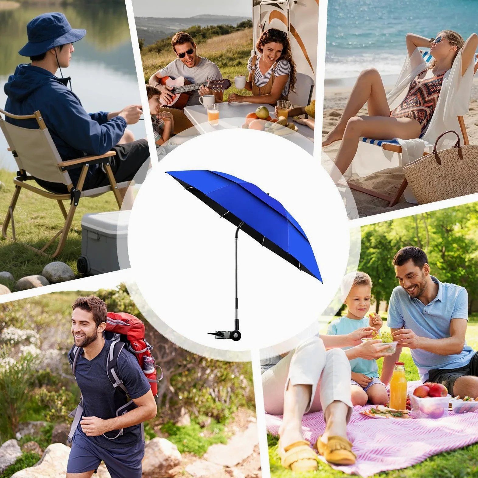 Sombrilla con clip para silla de jardín ajustable de 180° UPF 50+ doble toldo | Silla de playa para exteriores, playa, tomar el sol, viajes, vacaciones, camping, picnic, patio, silla de ruedas