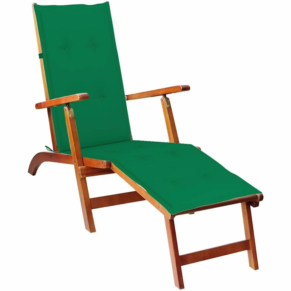 Tumbona plegable de madera de acacia maciza con cojín y reposapiés, silla de jardín ajustable en 3 posiciones para terraza y jardín, carga hasta 110 kg