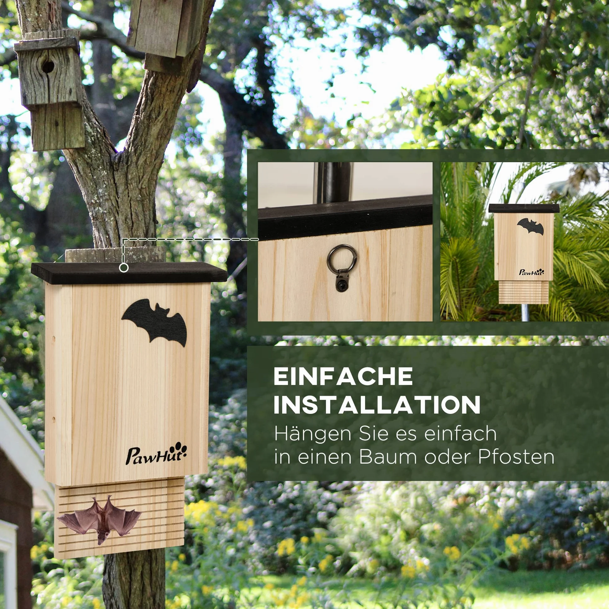 PawHut Juego de 3 Cajas para Murciélagos, Casa Nido para Colgar en Verano e Invierno, Madera de Abeto, 25 x 6 x 37,5 cm, Naturaleza