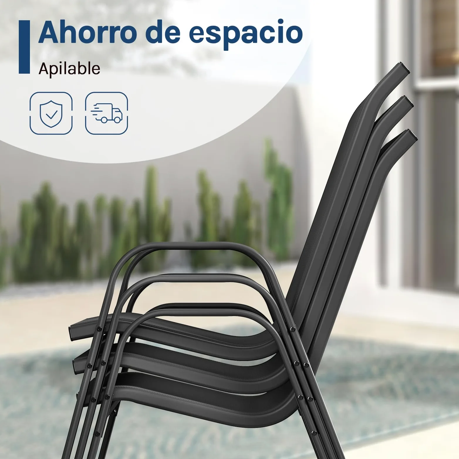 WOLTU Sillas de Jardín, Juego de 4 Sillones Apilables de Exterior, Respaldo Transpirable, Sillas para Terraza Patio Balcón, Estructura de Metal, Gris Oscuro