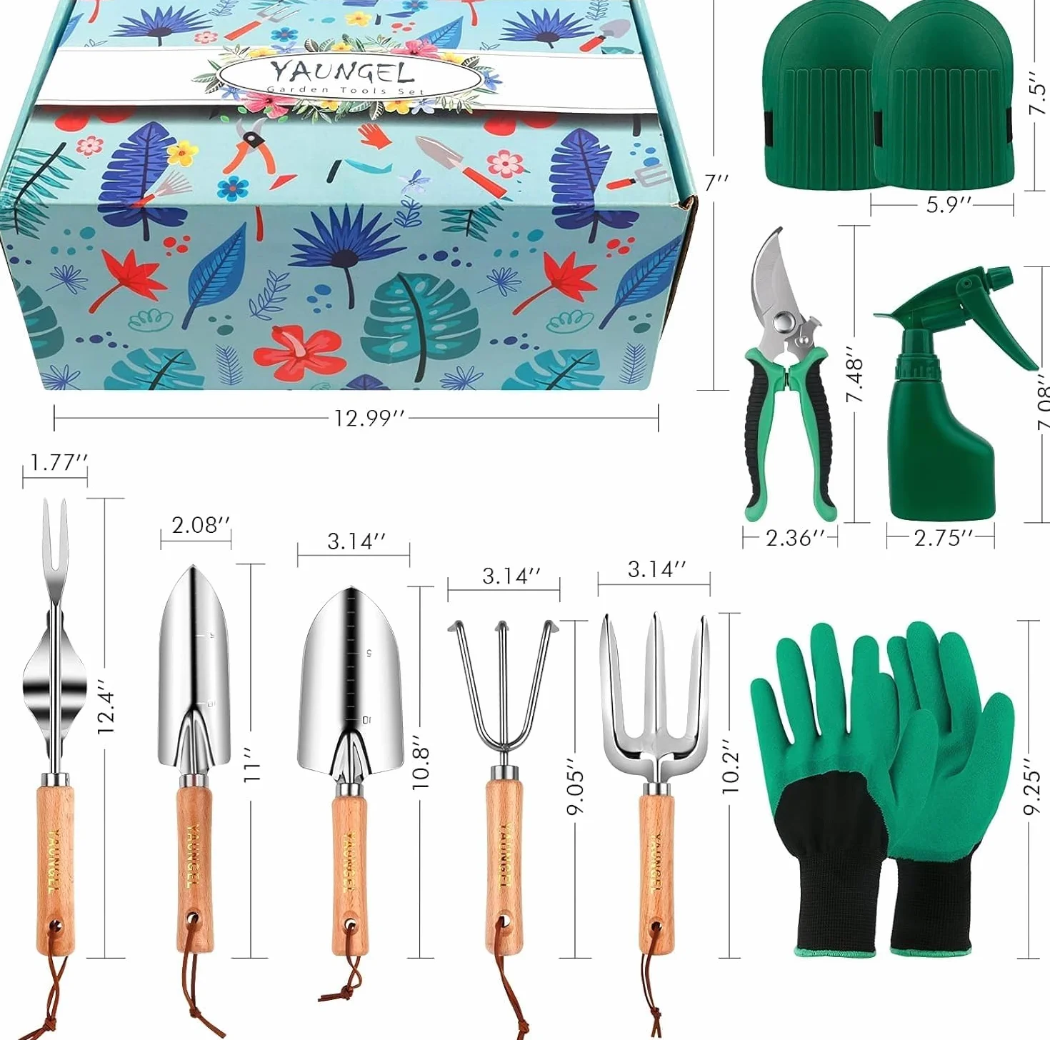 YAUNGEL Juego de Herramientas de jardinería, 10 Piezas de Acero Inoxidable de Uso Pesado con Mango de Madera Antideslizante - Regalos para Mujeres y Hombres, Verde