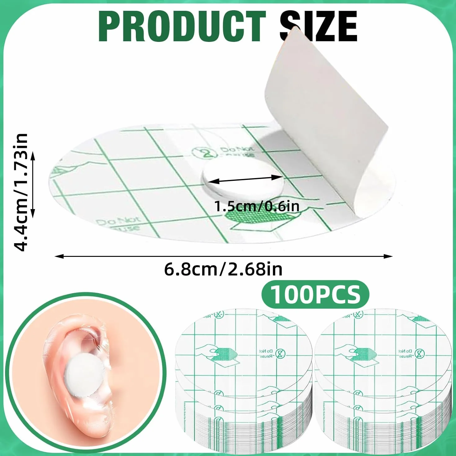 Pegatinas Impermeables para Oídos 100pcs Protector Orejas Suave Hipoalergénica 6.8×4.4cm Natación Ducha Baño Deportes Acuáticos