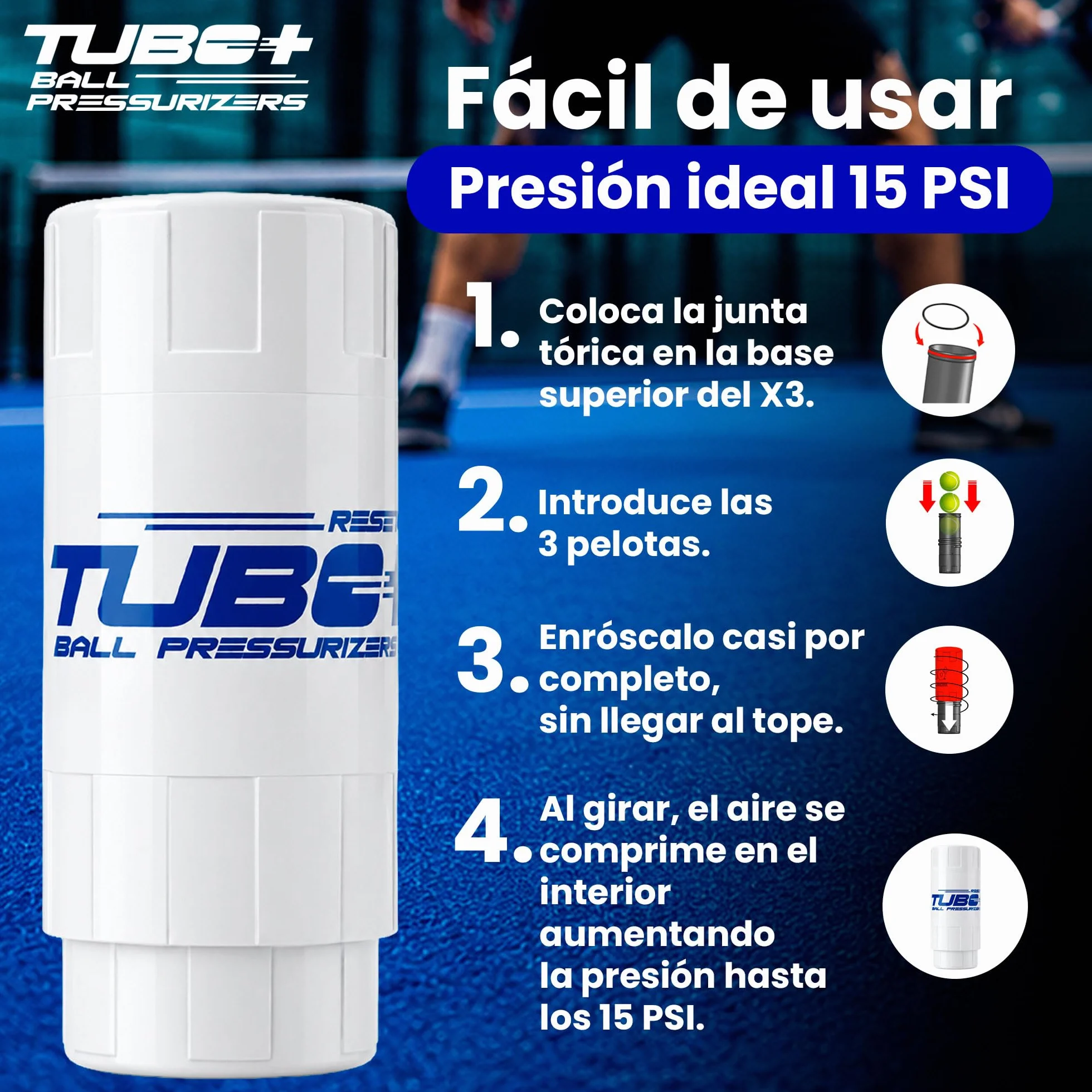 TUBOPLUS TuboX3 Color Presurizador de Pelotas de Pádel y Tenis para 3 Pelotas