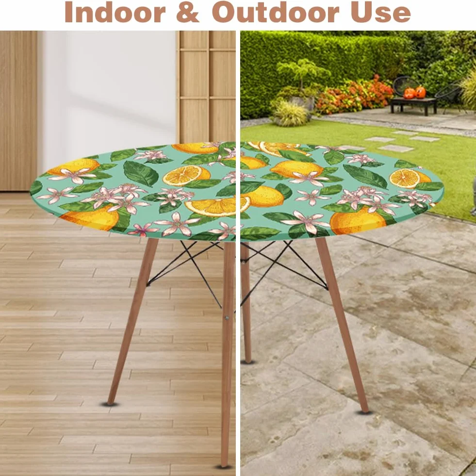 Yuragim Mantel redondo para exteriores con goma elástica, 90 cm, redondo, lavable, para exteriores, resistente a la intemperie, mantel elástico para jardín con estampado de limón, apto para mesas de