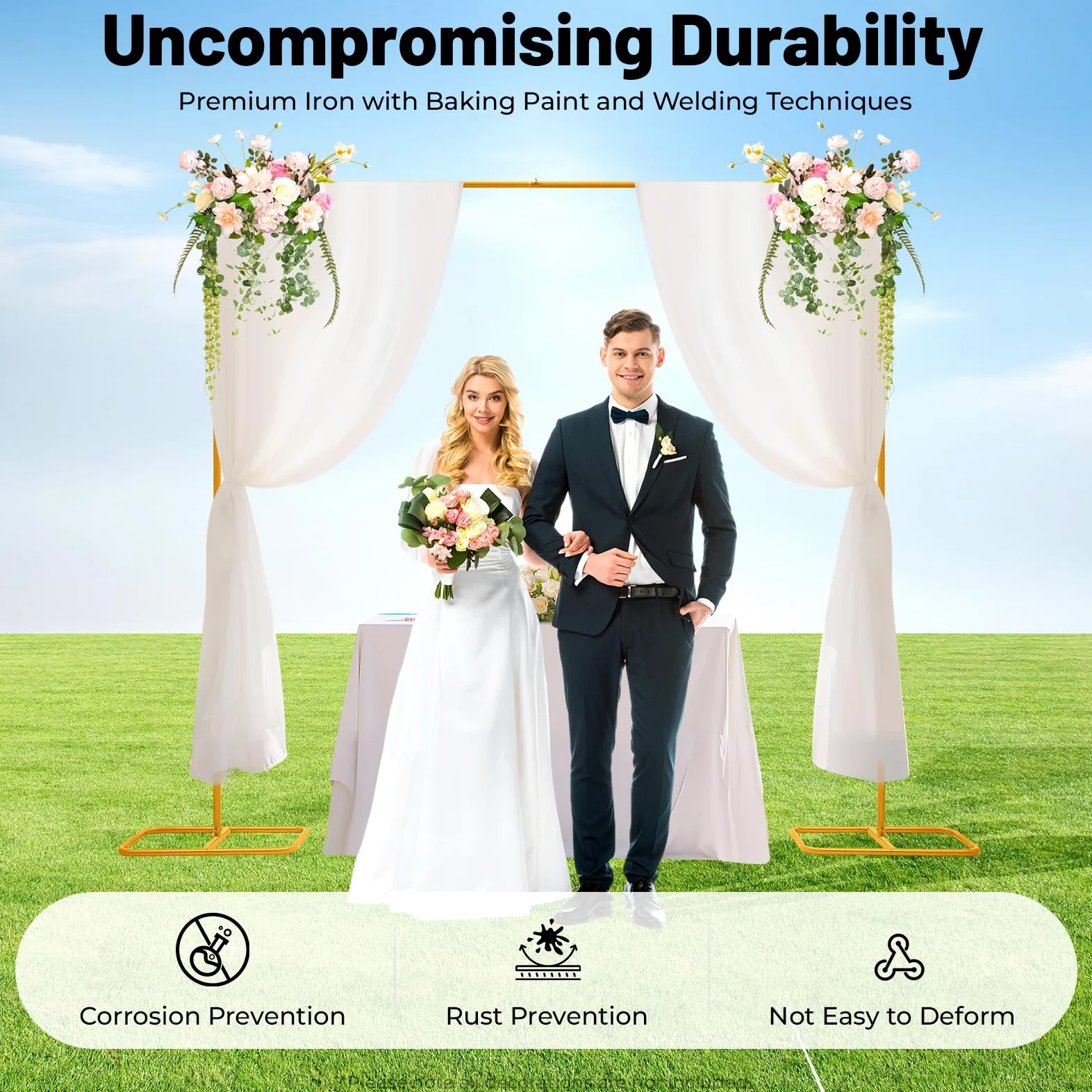 Arco de boda de 2 x 2,1 m, color dorado, ajustable, soporte de metal para fiestas, eventos, decoración