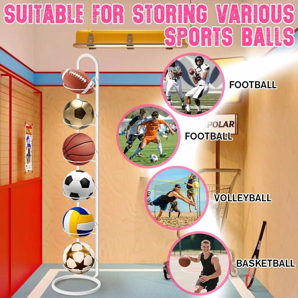 Soporte de Pelota de Metal para Baloncesto Fútbol Rugby Voleibol, Estante de Almacenamiento Vertical Extraíble, 6 Niveles Blanco