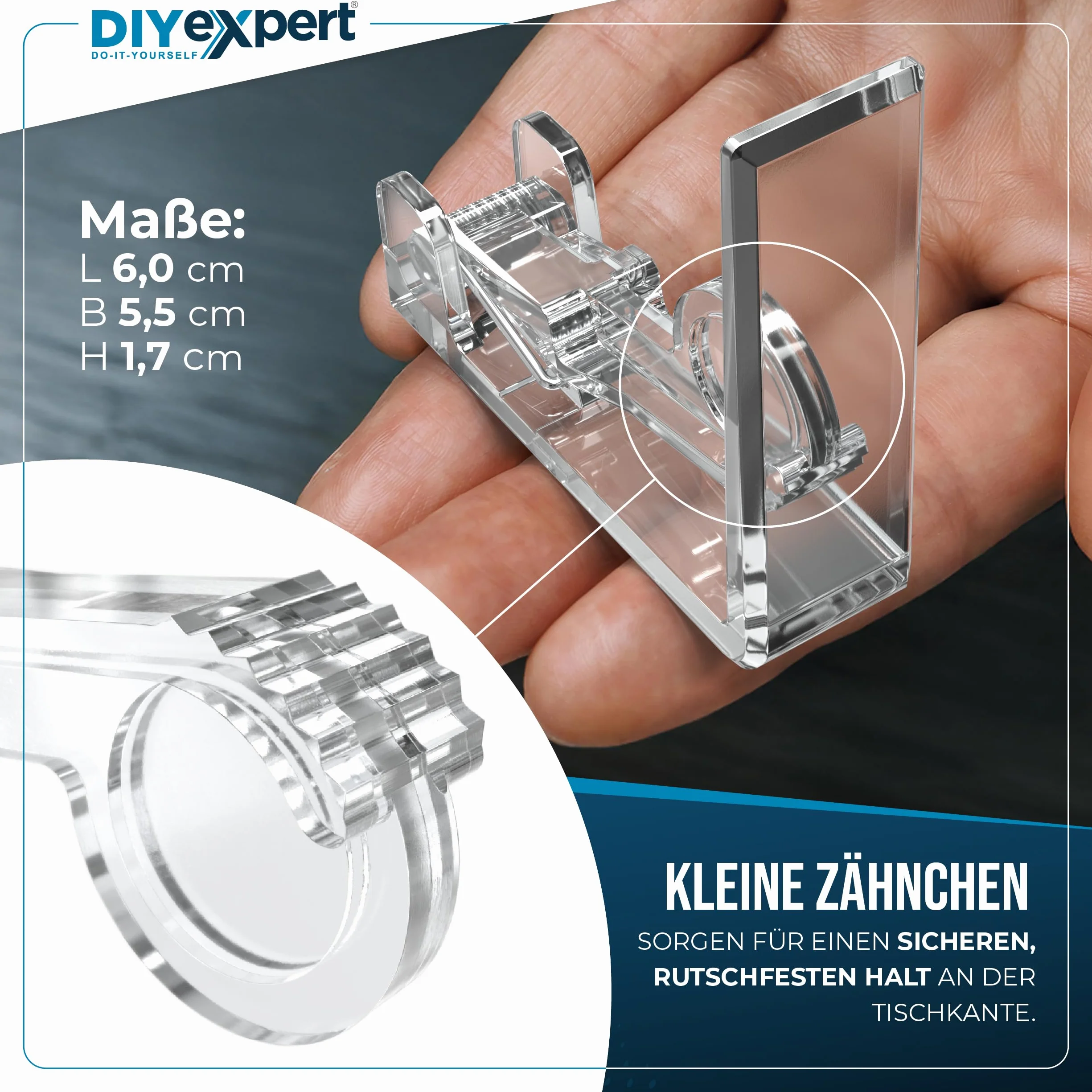 DIYexpert Pinzas para mantel transparentes, fabricadas en Alemania, 8 unidades, resistentes para mesas gruesas de hasta 45 mm, resistentes a la intemperie y antideslizantes, para jardín, balcón e