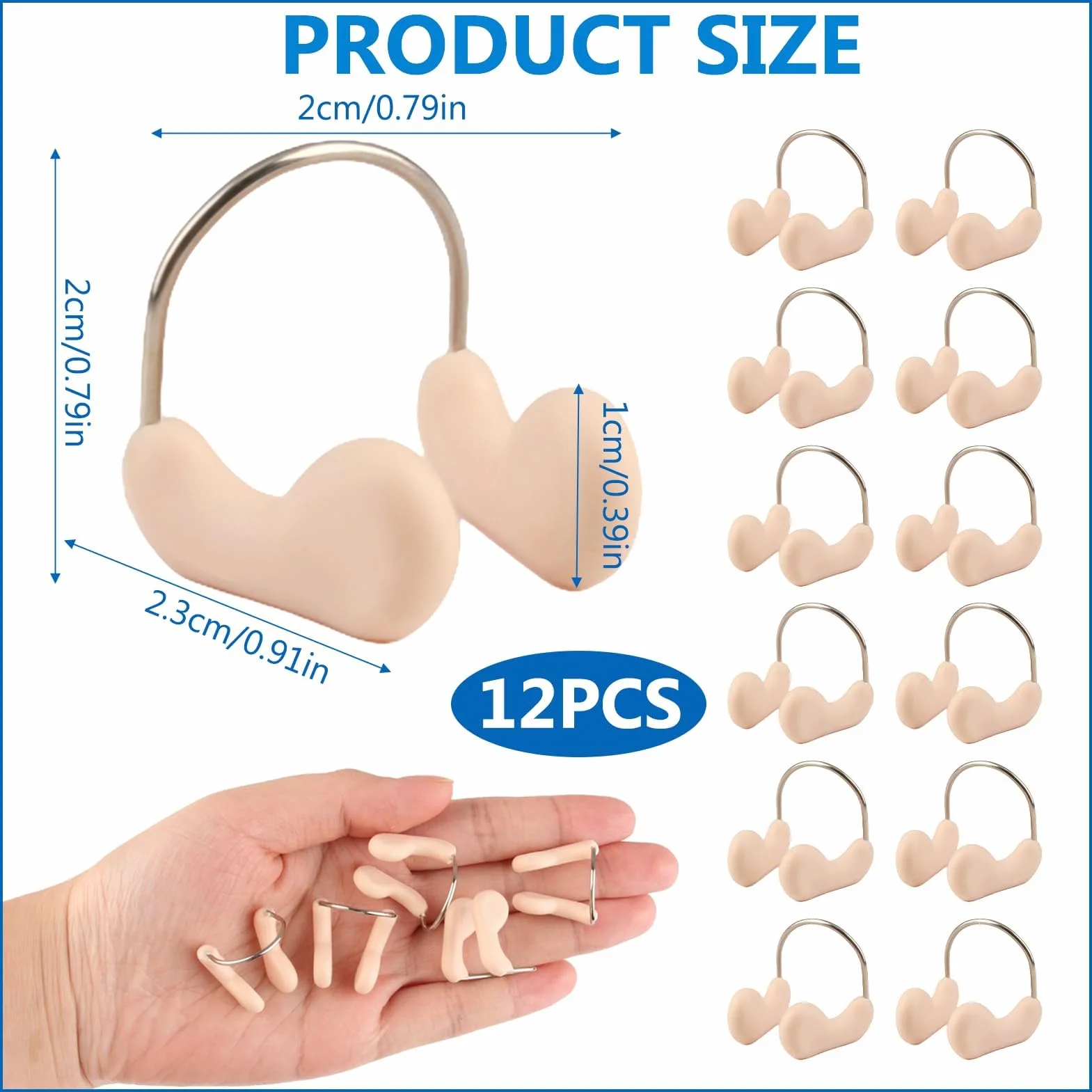 Pinzas Nasales de Silicona para Natación, Impermeables, Set de 12, Beige