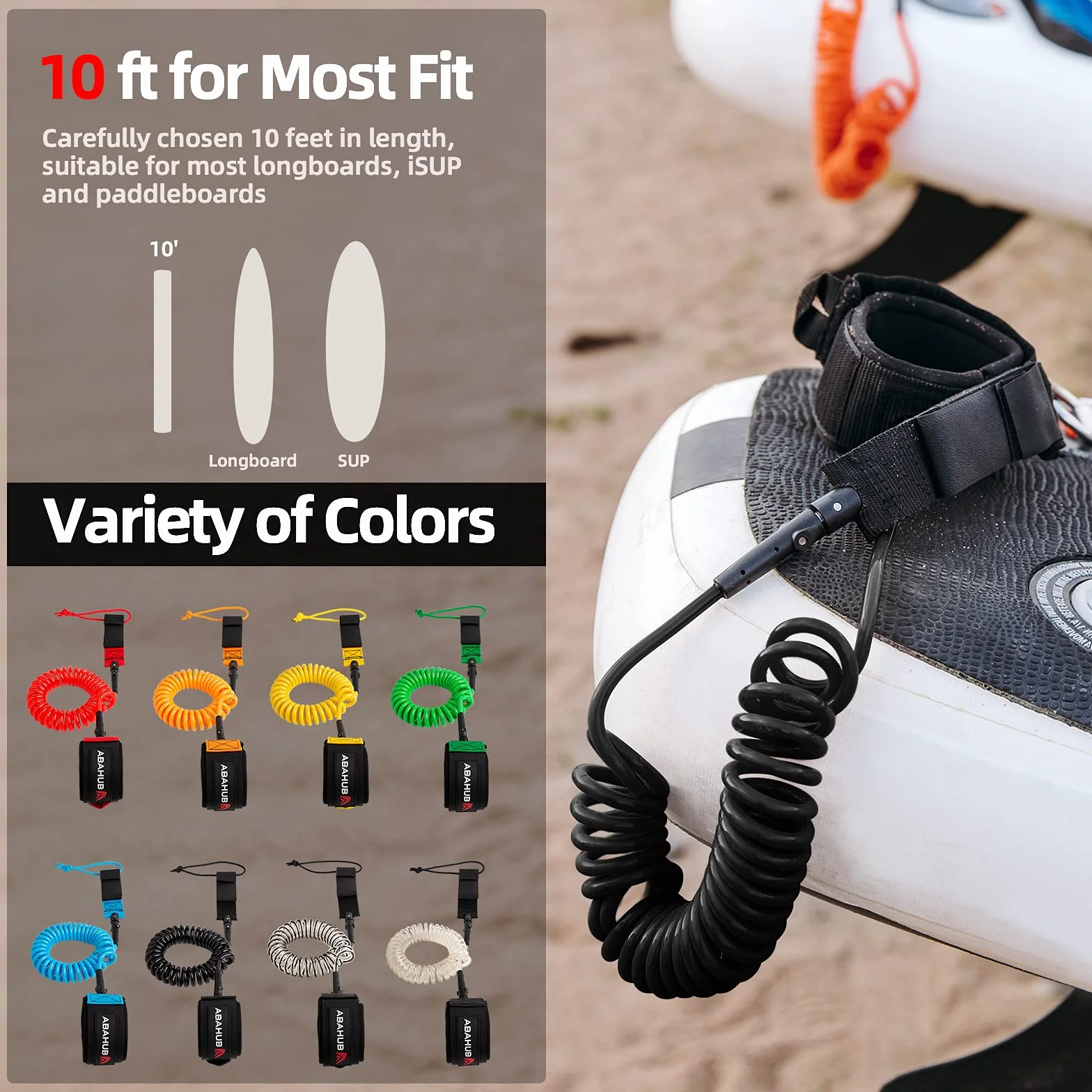 Abahub Sup Leash 10ft 7mm Safety Leash for Surfboard - Black, Blue, Orange, Green, Yellow, White, Clear, Red