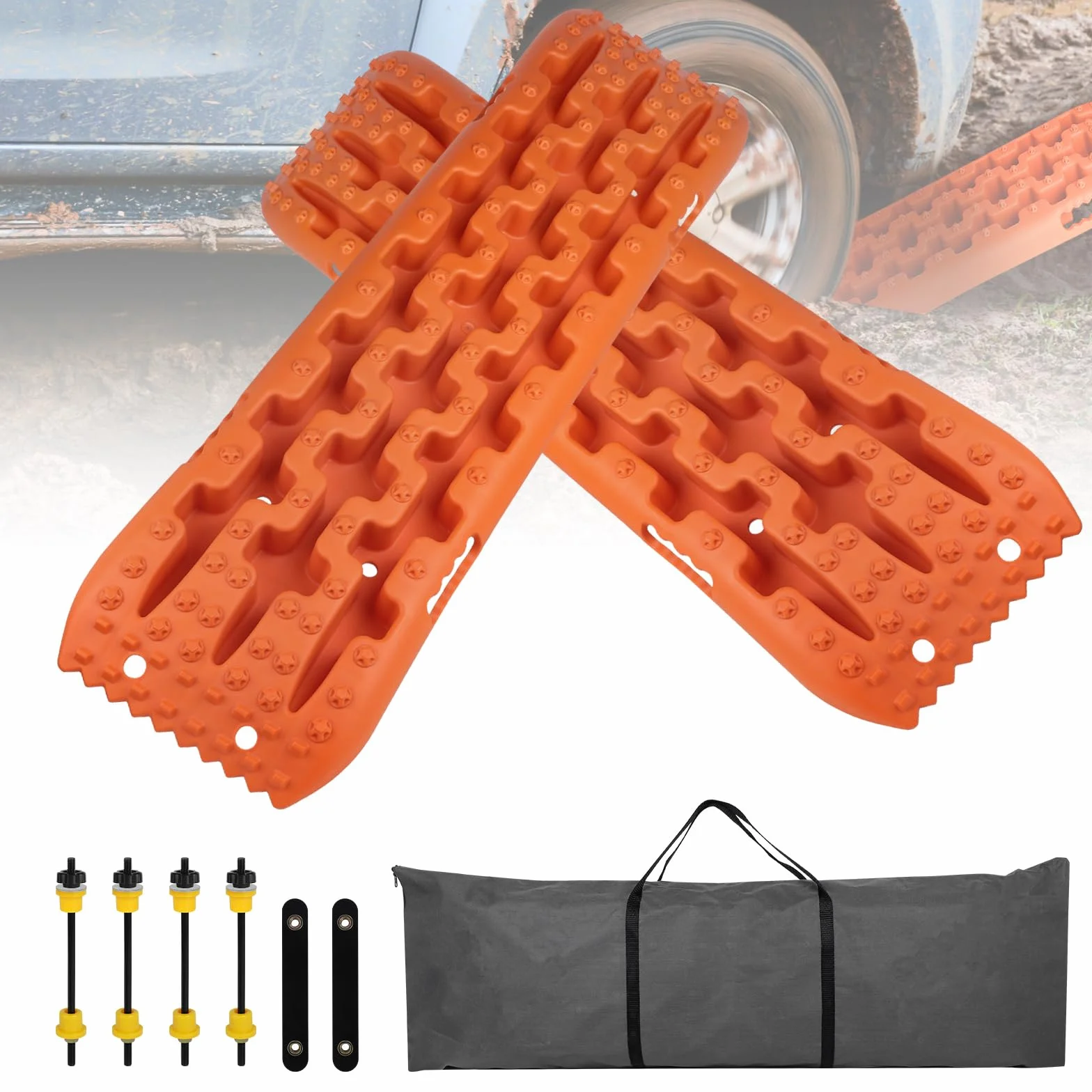 EXLECO Alfombrillas de Tracción de Recuperación Todoterreno Placa Antideslizante para Hielo Barro Arena Nieve Naranja