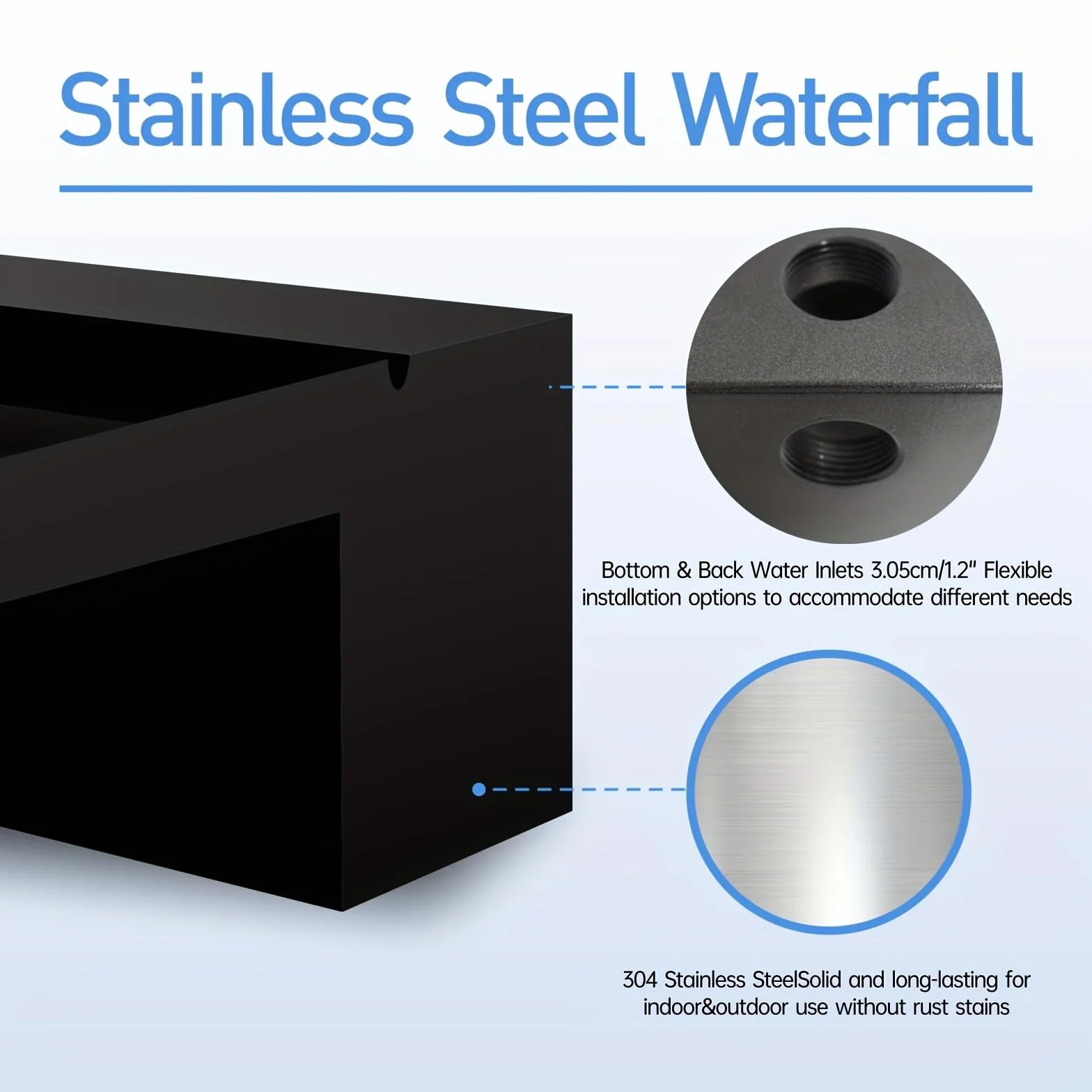 Kit de Fuente de Cascada de Jardín en Acero Inoxidable, Diseño Elegante para Patio, Estanque Exterior Negro con Vista al Agua para Decoración de Terraza - 90x20x10cm (Sin luz)