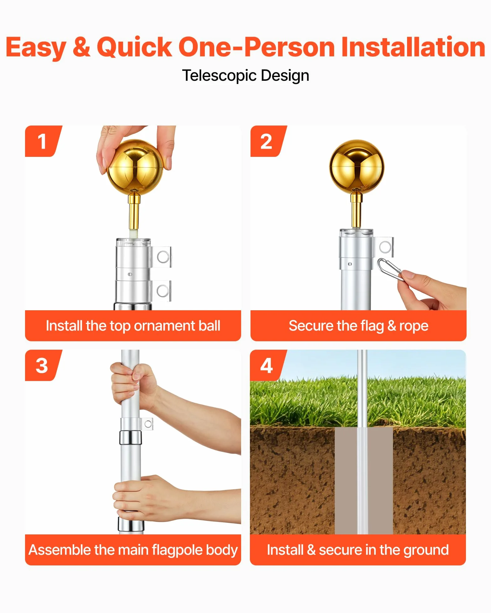 VEVOR Mástil de Bandera Telescópico para Exterior 9,14 m Asta para Bandera, Tubo Grueso de Aluminio Reforzado, Kit Completo de Instalación, para Zona Residencial Comercial Eventos, Color Plateado