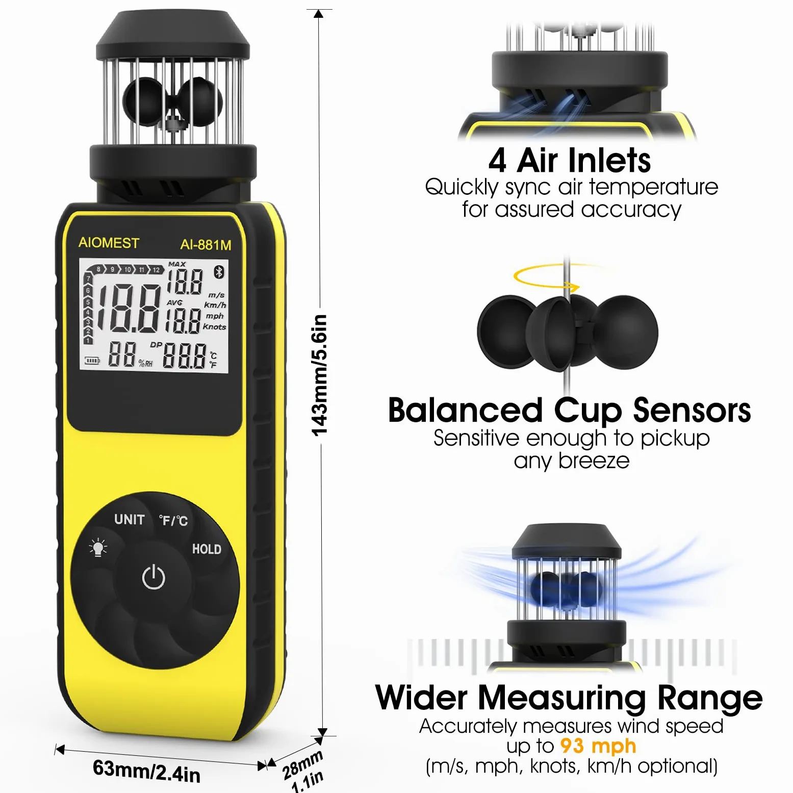 Anemómetro con sensor de taza de mano con dirección, medidor digital de velocidad del viento, medición de temperatura del viento, velocidad del aire de alta velocidad en máximo/promedio - AIOMEST