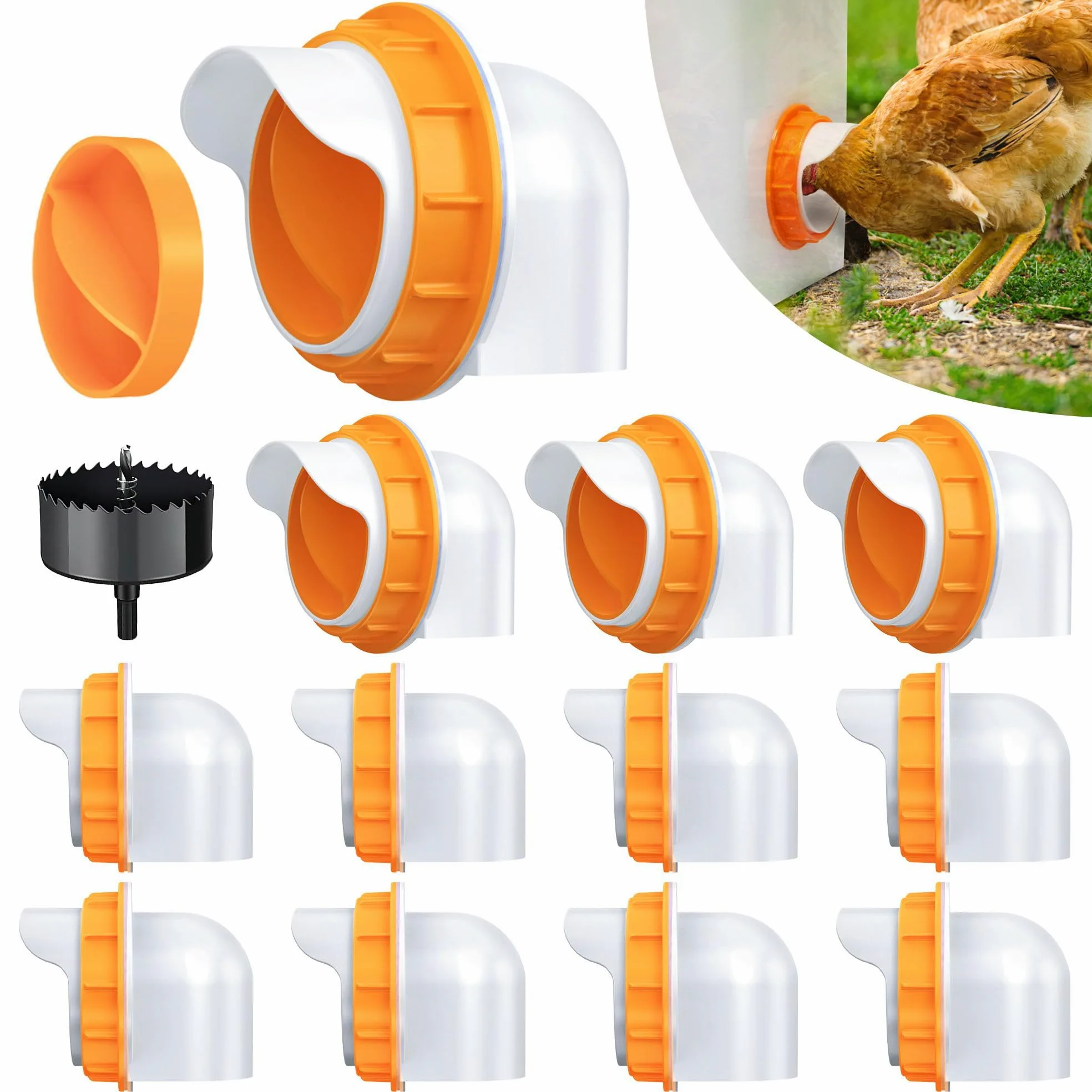 Comedero para pollo, sin residuos, 12 puertos, alimentador automático de aves de corral de 4 pulgadas con 12 cubiertas y 1 sierra de agujero, a prueba de lluvia, kits de comederos de pollo para