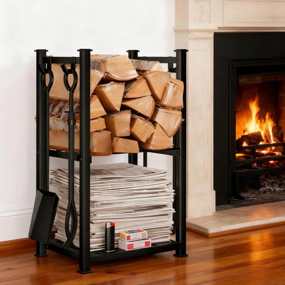 Amagabeli - Puerta de troncos con 4 herramientas, 72 x 46 x 30 cm, interior exterior, gran capacidad, conjunto de herramientas de chimenea, soporte de leña, herramientas de almacenamiento