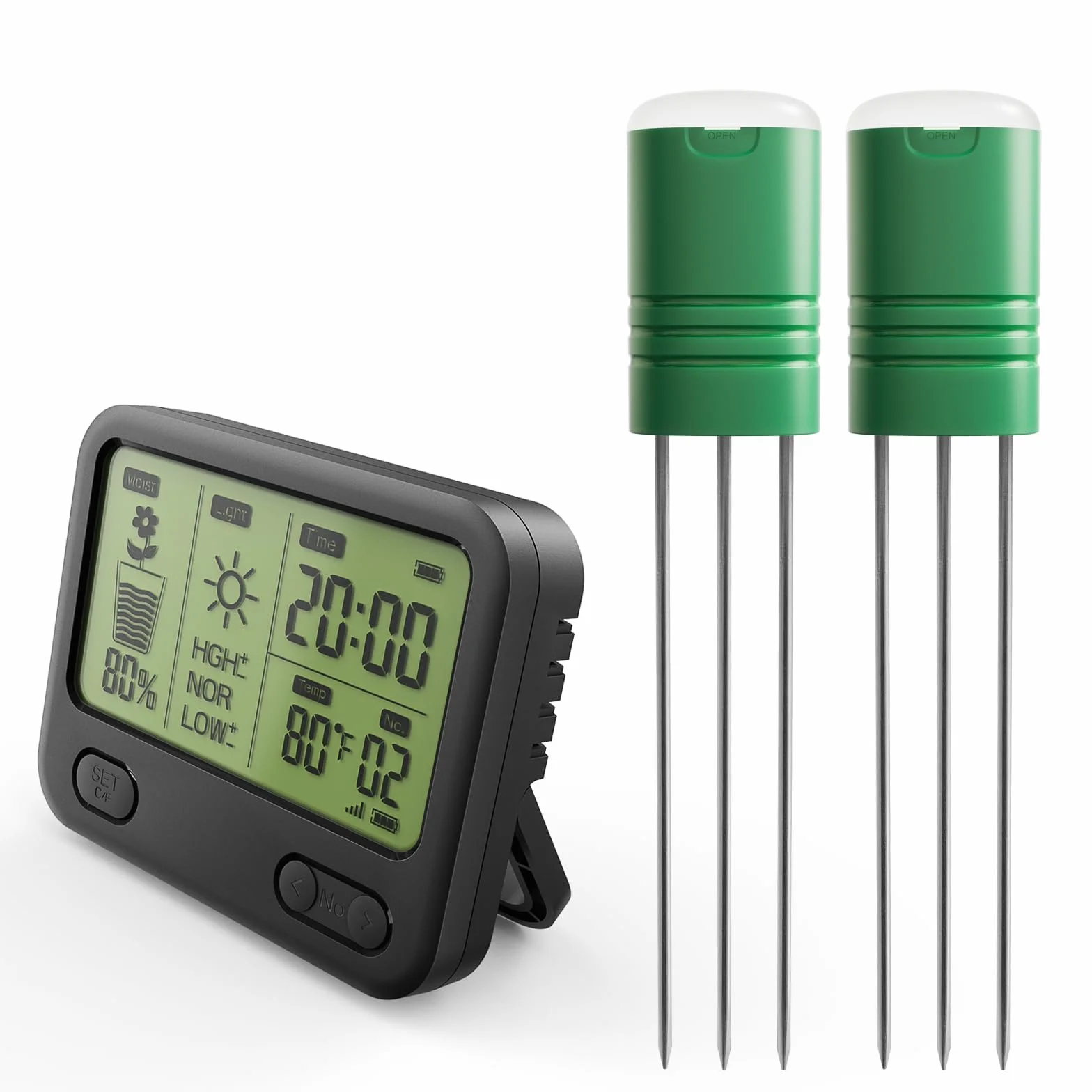 Medidor de Humedad inalámbrico para Suelo con Receptor LCD, Sensor 3 en 1 de 3 sondas (Humedad, Temperatura, luz), Alcance de RF de 230 pies, Impermeable, Larga duración (Suelo 2 sensores)