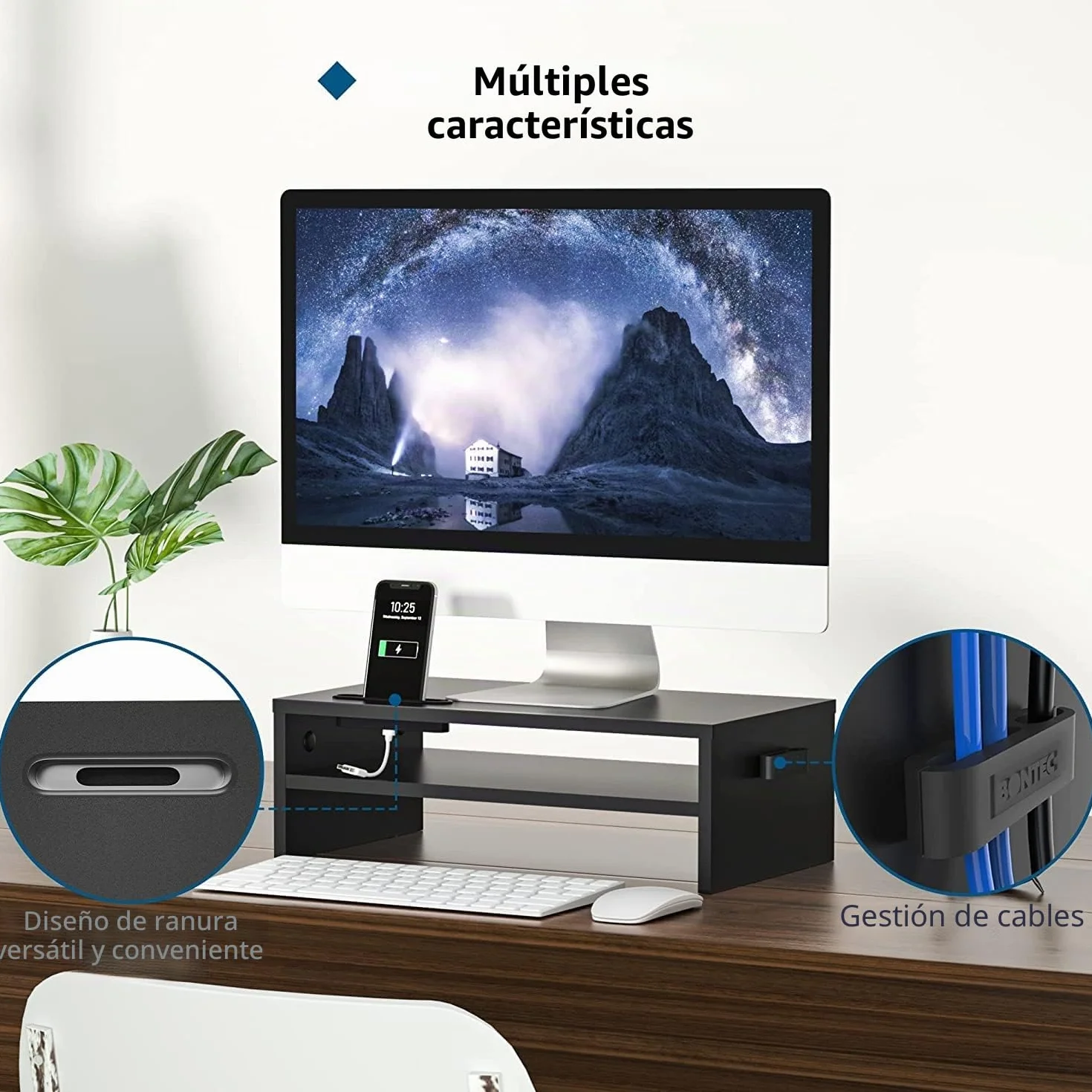 BONTEC Elevador Monitor Escritorio Madera, Soporte 2 Niveles Gestión Cables Ranura Móvil, 30 kg, Negro 420x235x142mm