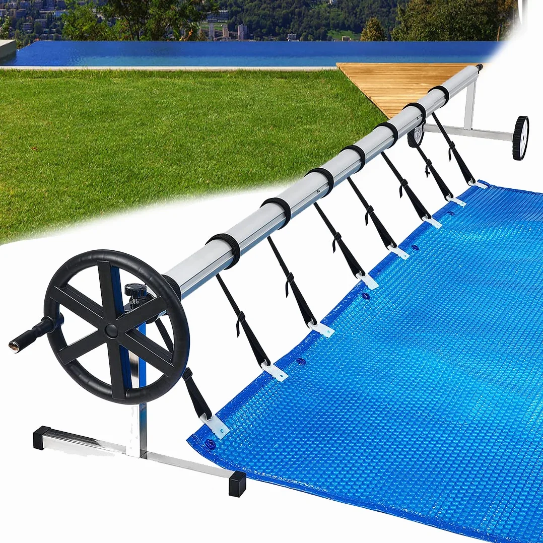 NAIZY Sistema de Enrollado para Piscina 3m - 5,7m Enrollador de Piscina Dispositivo móvil Enrollable con Ruedas Carrete de Piscina Que Incluye 8 Clips para Lona y Cubierta de Piscina, Tipo A