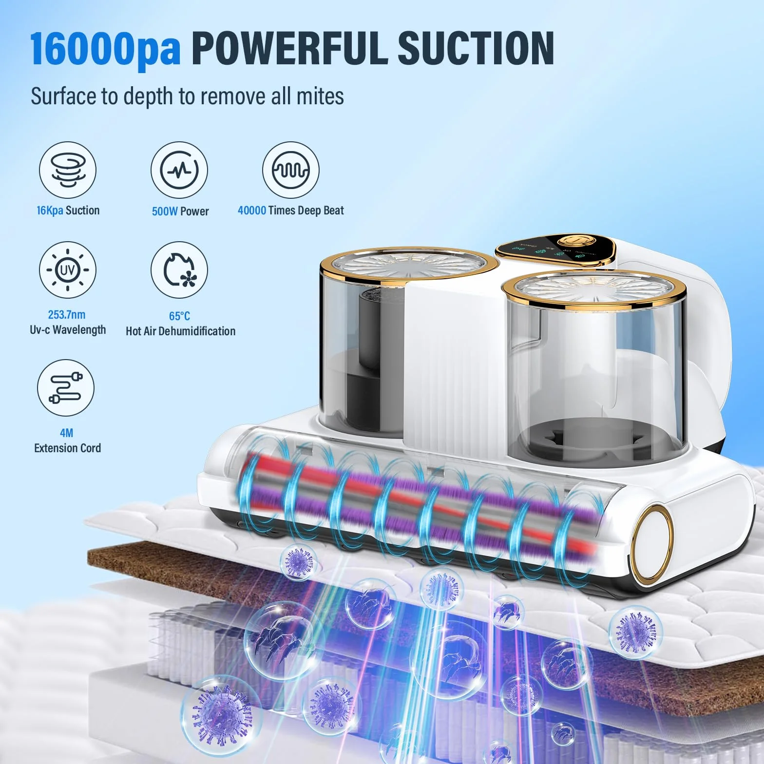 Aspiradora Antiácaros,Aspirador de Ácaros con Luz UV y Ultrasonido Calentamiento 16Kpa de Succión 500W Aspiradora de Acáros Elimina 99,9% de BacteriasAlérgenos y Ácaros Polvo Aspirador