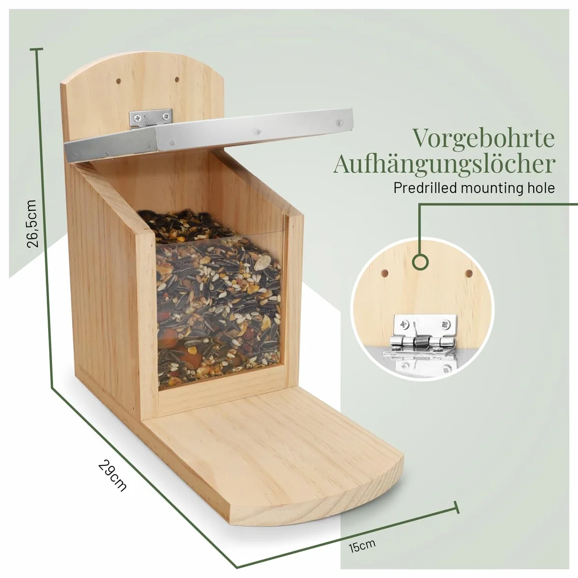 WILDLIFE HOME Comedero para ardilla XL con techo de metal, estación de alimentación de madera maciza atornillada, resistente a la intemperie y sin tratar, casa para ardillas