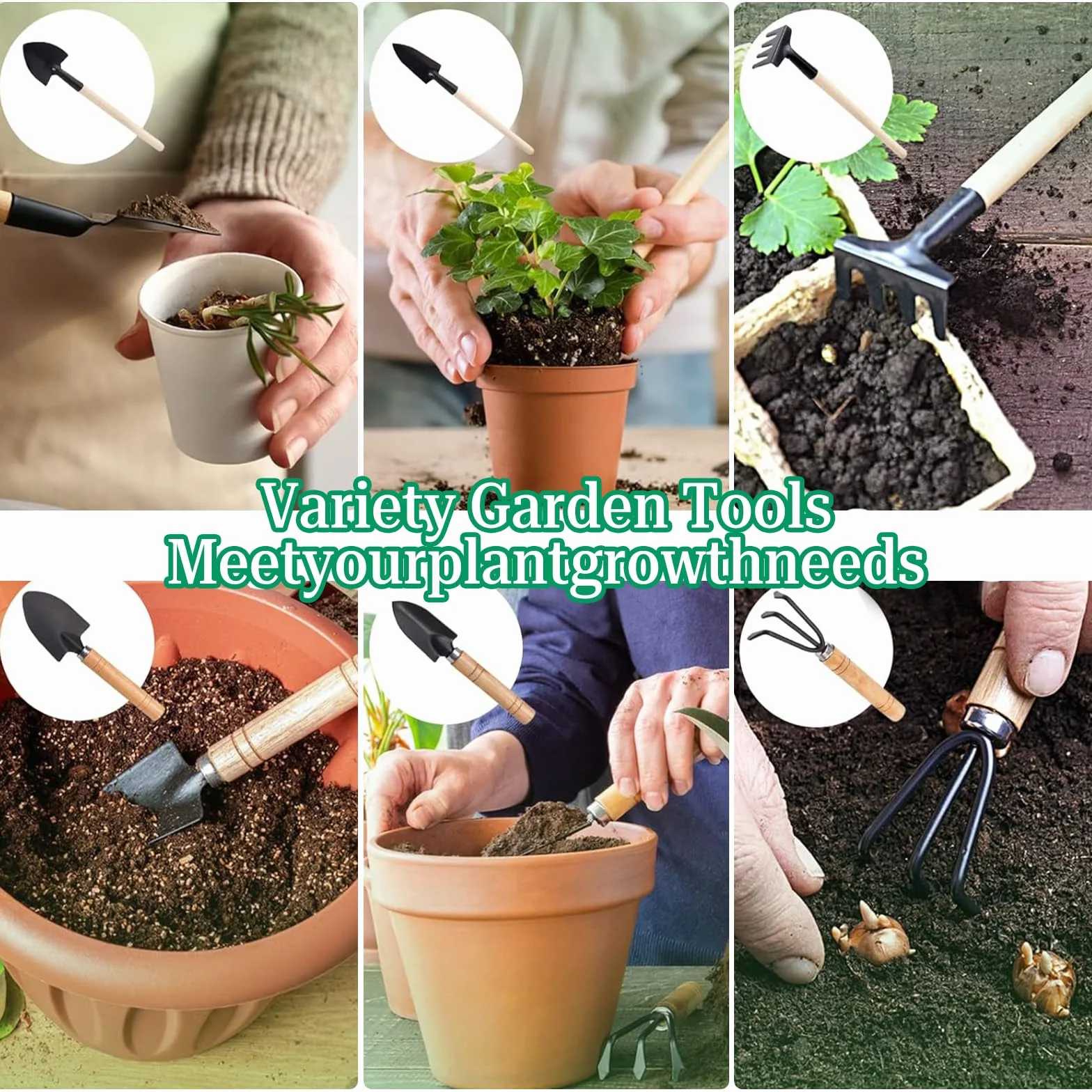 Mini Herramientas de Jardín 7 Piezas Juego de Herramientas Hierro con Mango de Madera Mini Jardín Planta Herramienta Pala Jardín Herramientas Manuales para Bonsái, Plantas y Flores en Maceta