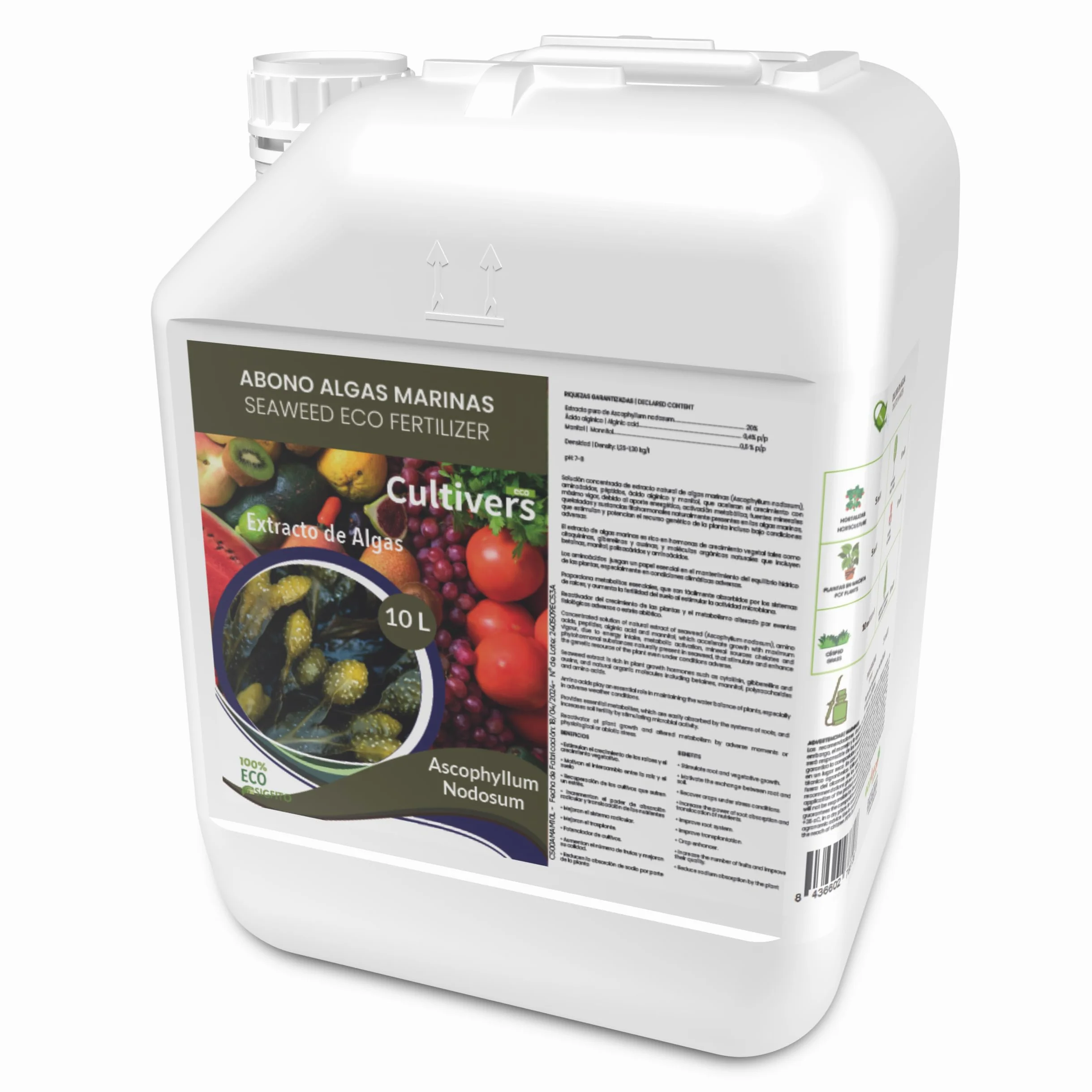 CULTIVERS Fertilizante Algas Marinas Líquido 10 L. Abono orgánico para plantas extracto de Ascophyllum nodosum. Potenciador de crecimiento, estimulador de raíces, mejora la producción y la calidad