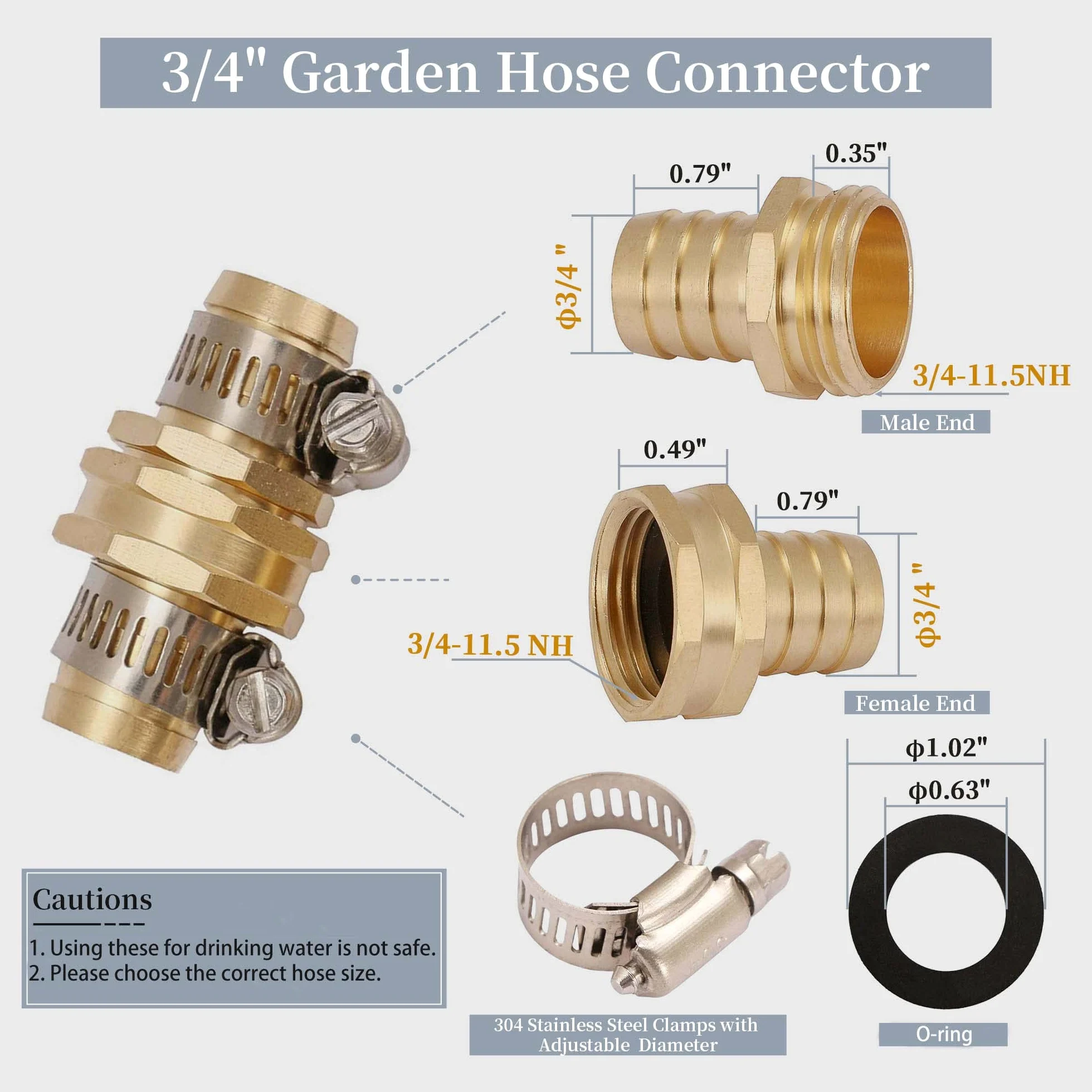 Conector de manguera de jardín de latón macizo con abrazaderas de acero inoxidable, accesorios de manguera de jardín macho y hembra, 3 juegos (3/4")