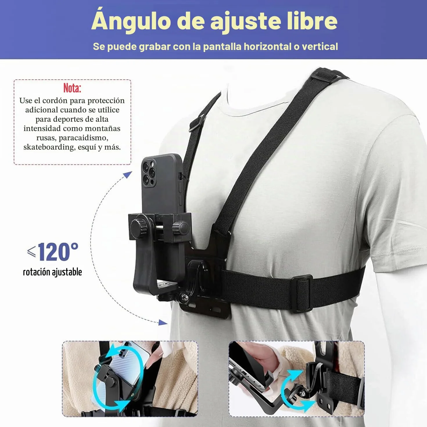 Soporte de Pecho para Teléfono Arnés Chesty Cinturón Cámara Acción Compatible GoPro DJI Osmo SJCAM Samsung Galaxy Ciclismo Esquí Trekking