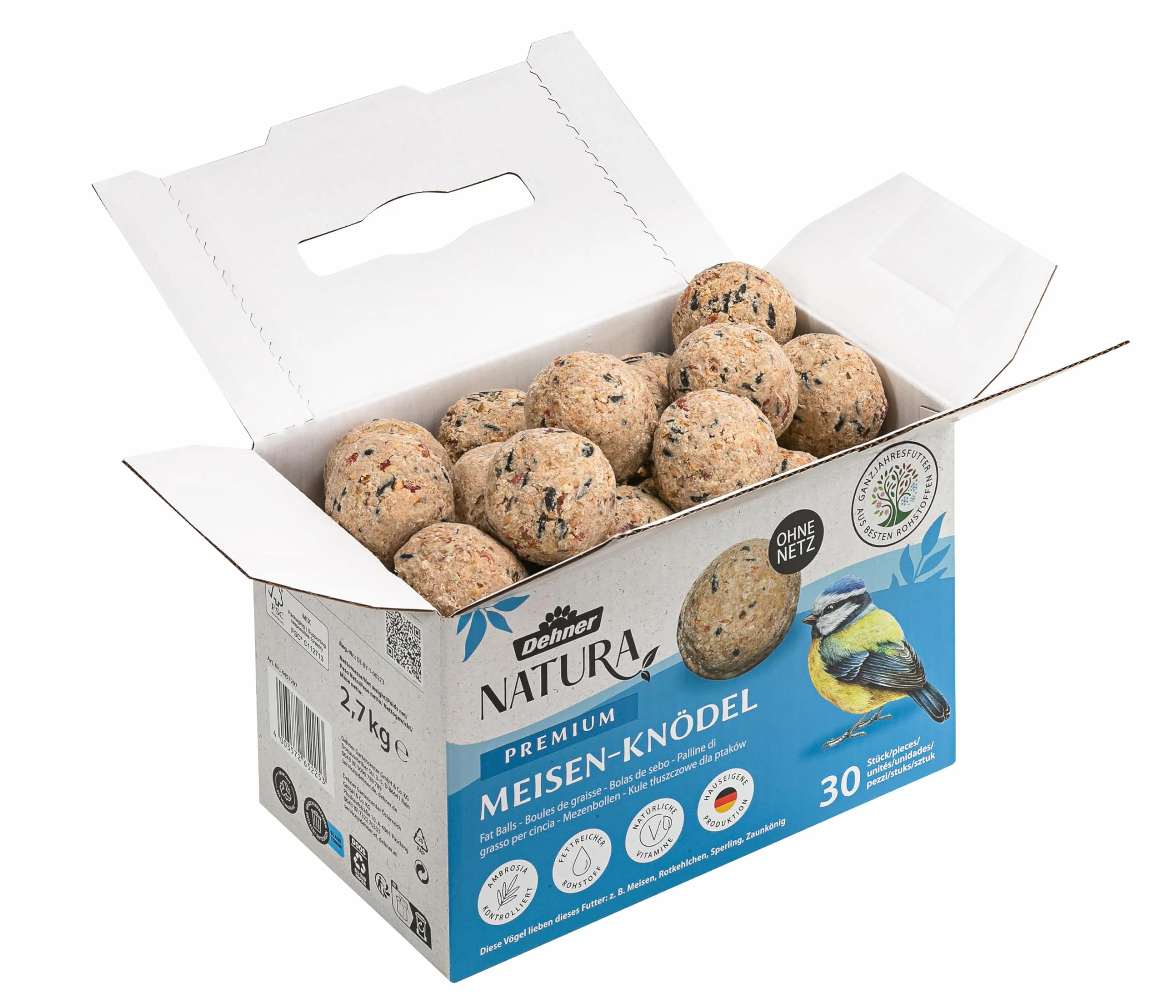Dehner Natura Premium Bola de Masa sin Red, alimento para Aves Silvestres Durante Todo el año, Rico en proteínas y energético, alimento para Aves Silvestres, 30 Unidades de 90 g (2,7 kg), cartón de